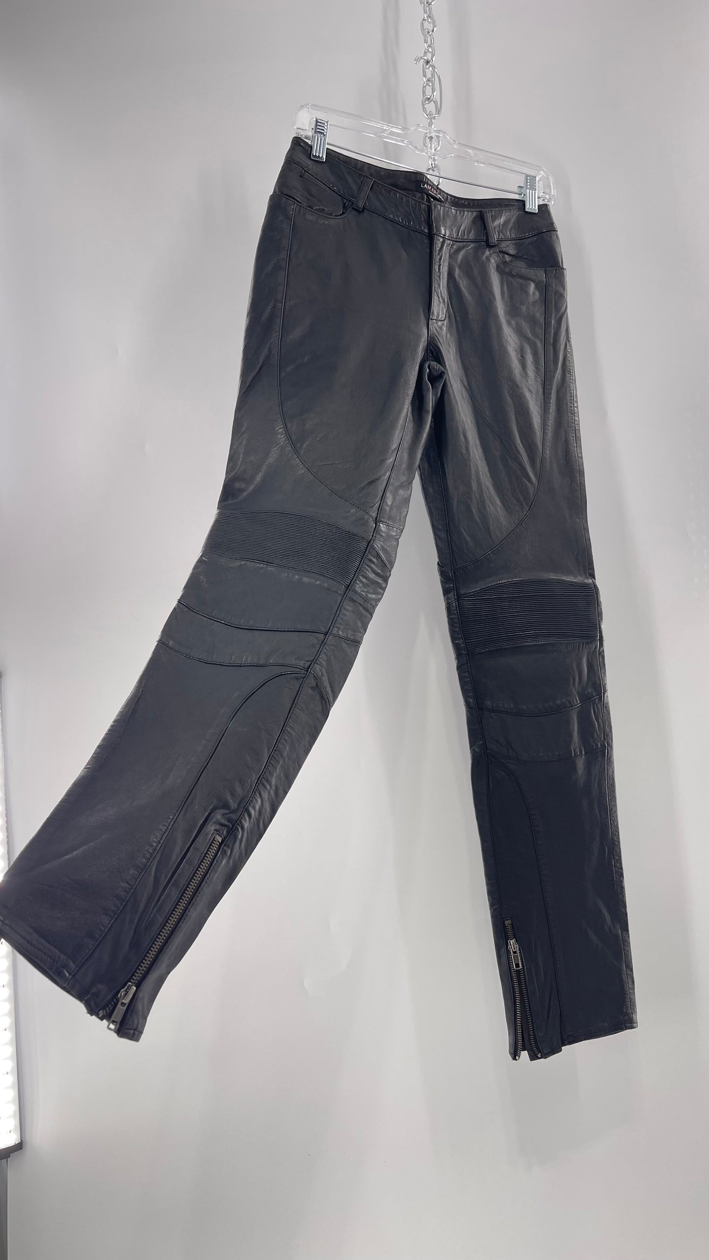 LAMARQUE 1990s Collection Vintage Black Leather Moto Style Pant with Panels, Ribbing and Zipper Details (6)