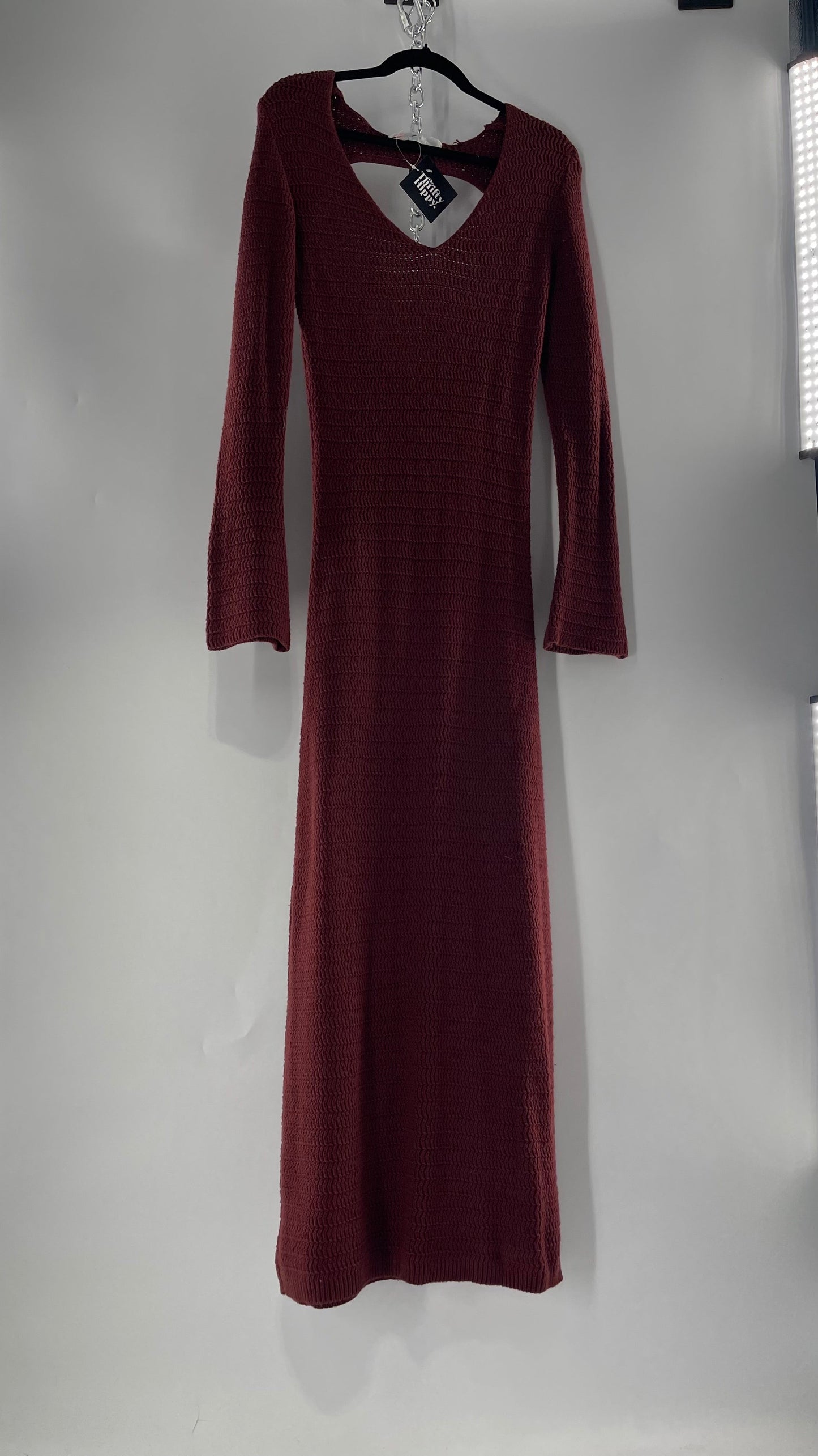 Free People Burgundy Knit Long Sleeve Maxi with Open Back (Large)