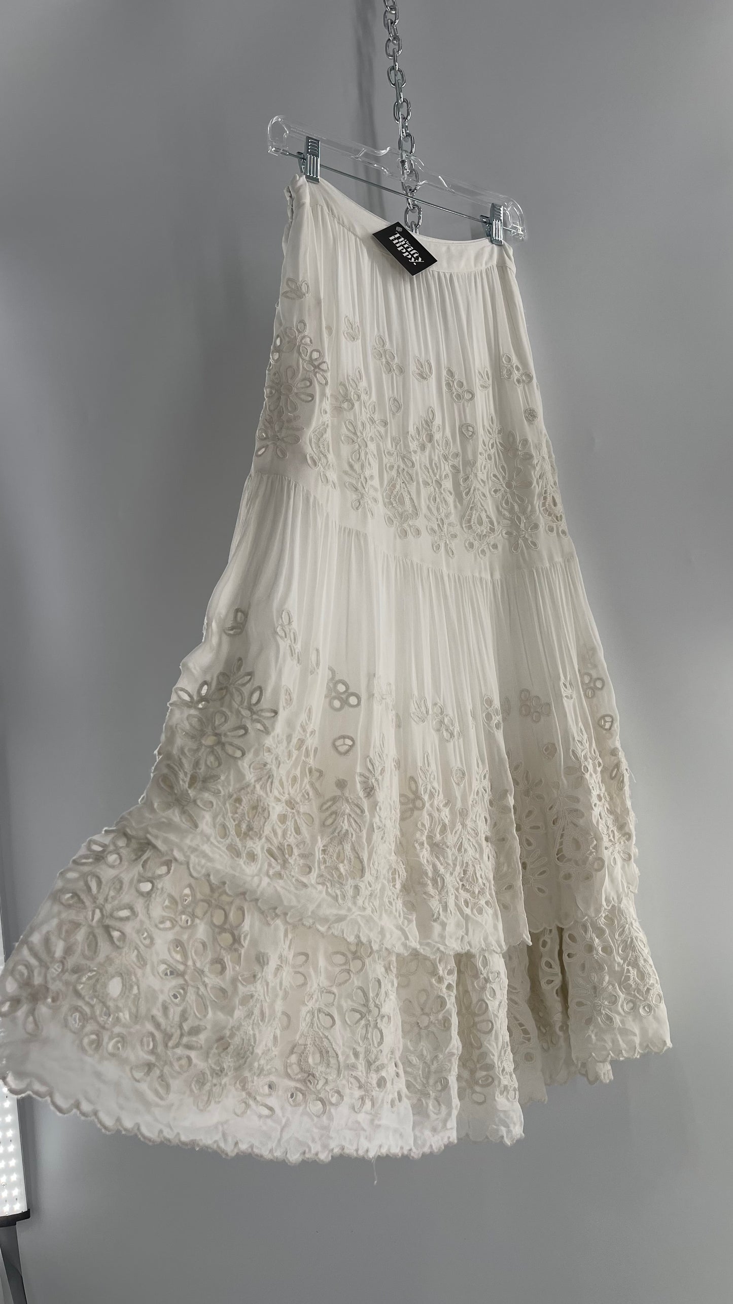 Free People White Embroidered Eyelet/Lace Voluminous Tiered Ruffle Full Length Skirt (4)