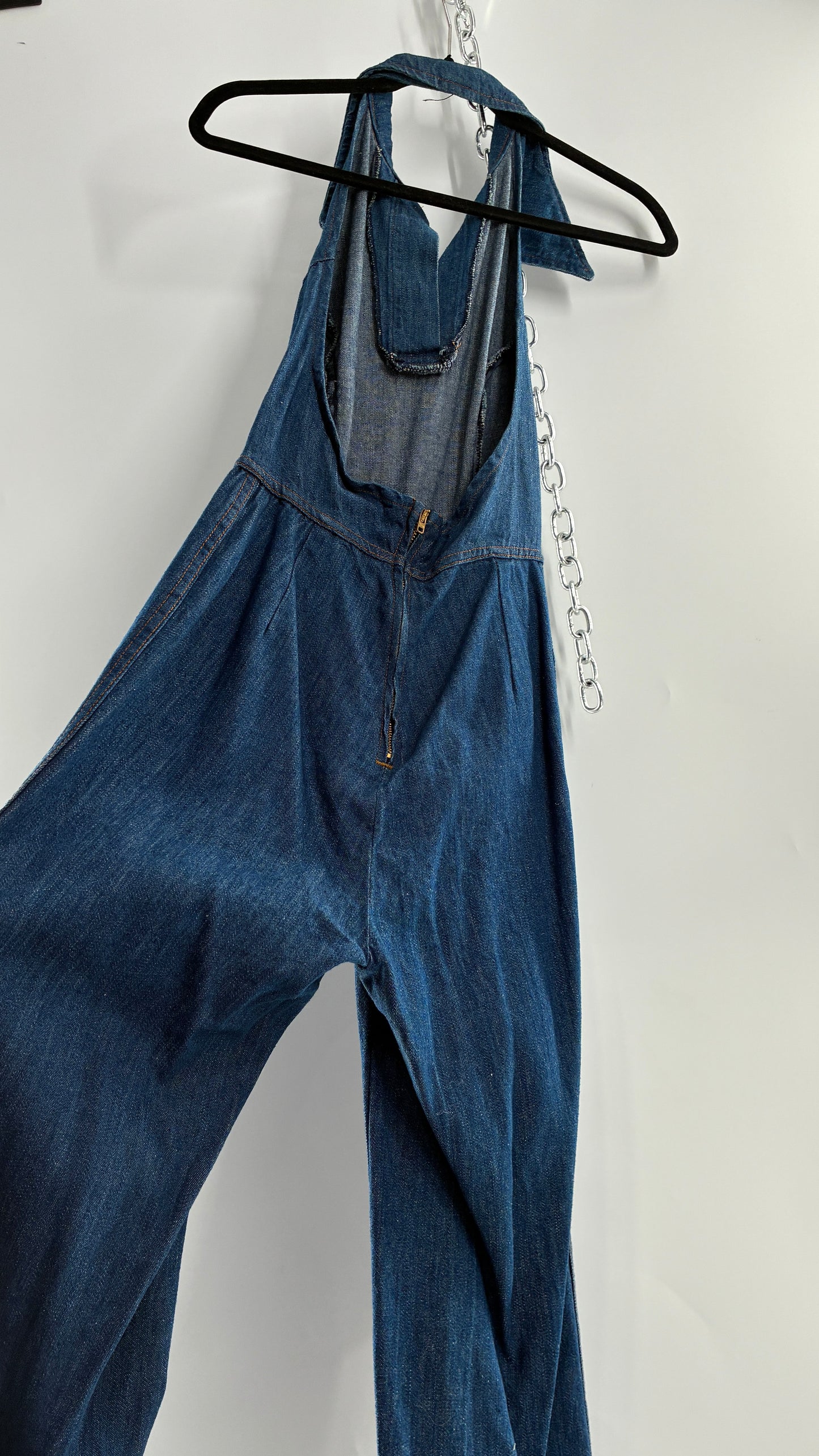 RARE Vintage 1970s Landlubber Medium Wash Denim, Sleeveless Halter, Wide Leg Bell Bottom, Jumpsuit (No Size on Tag, XS)