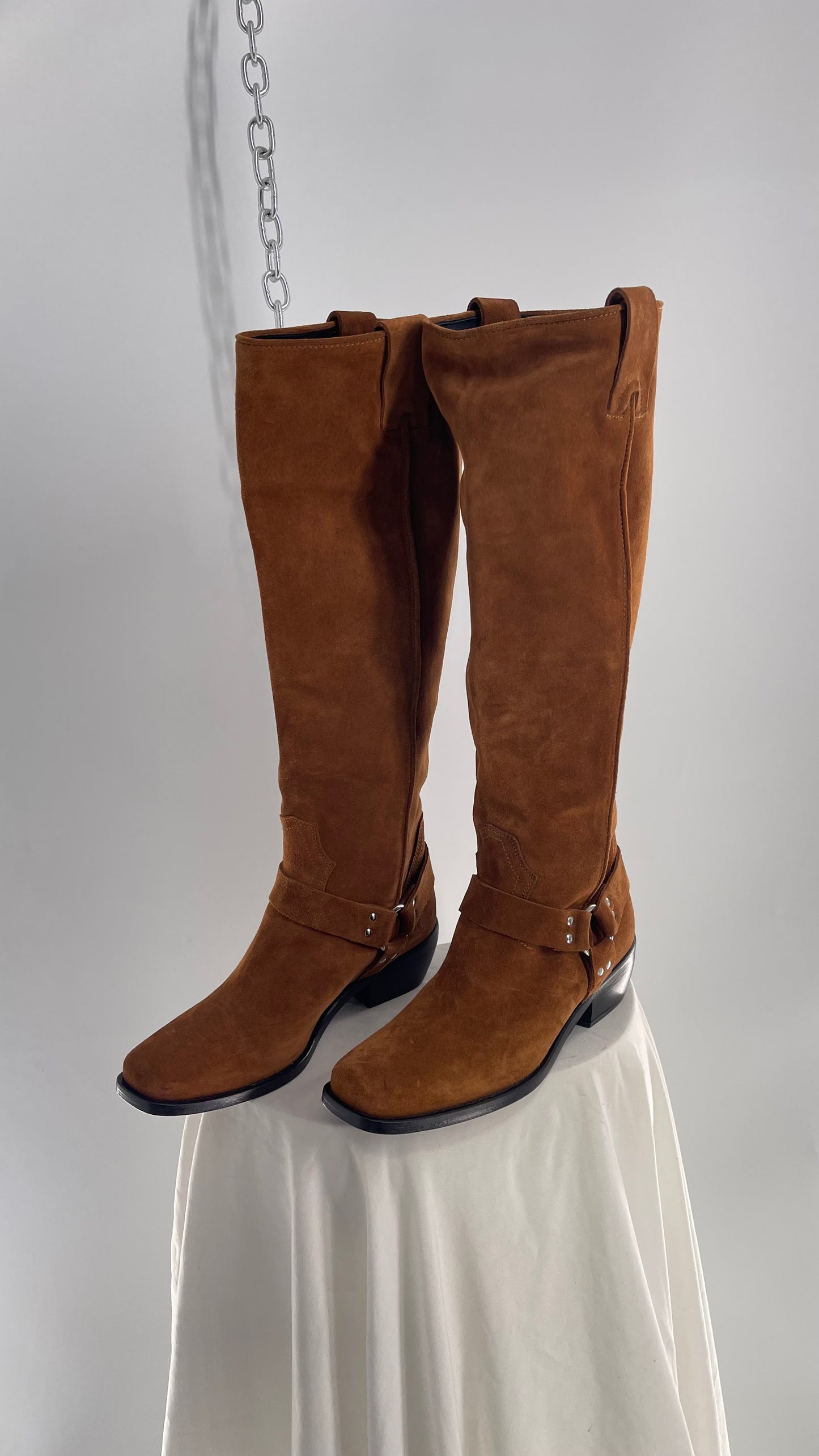 Free People Lockhardt Harness Thick Suede Leather Square Toe Knee High Boot (37)