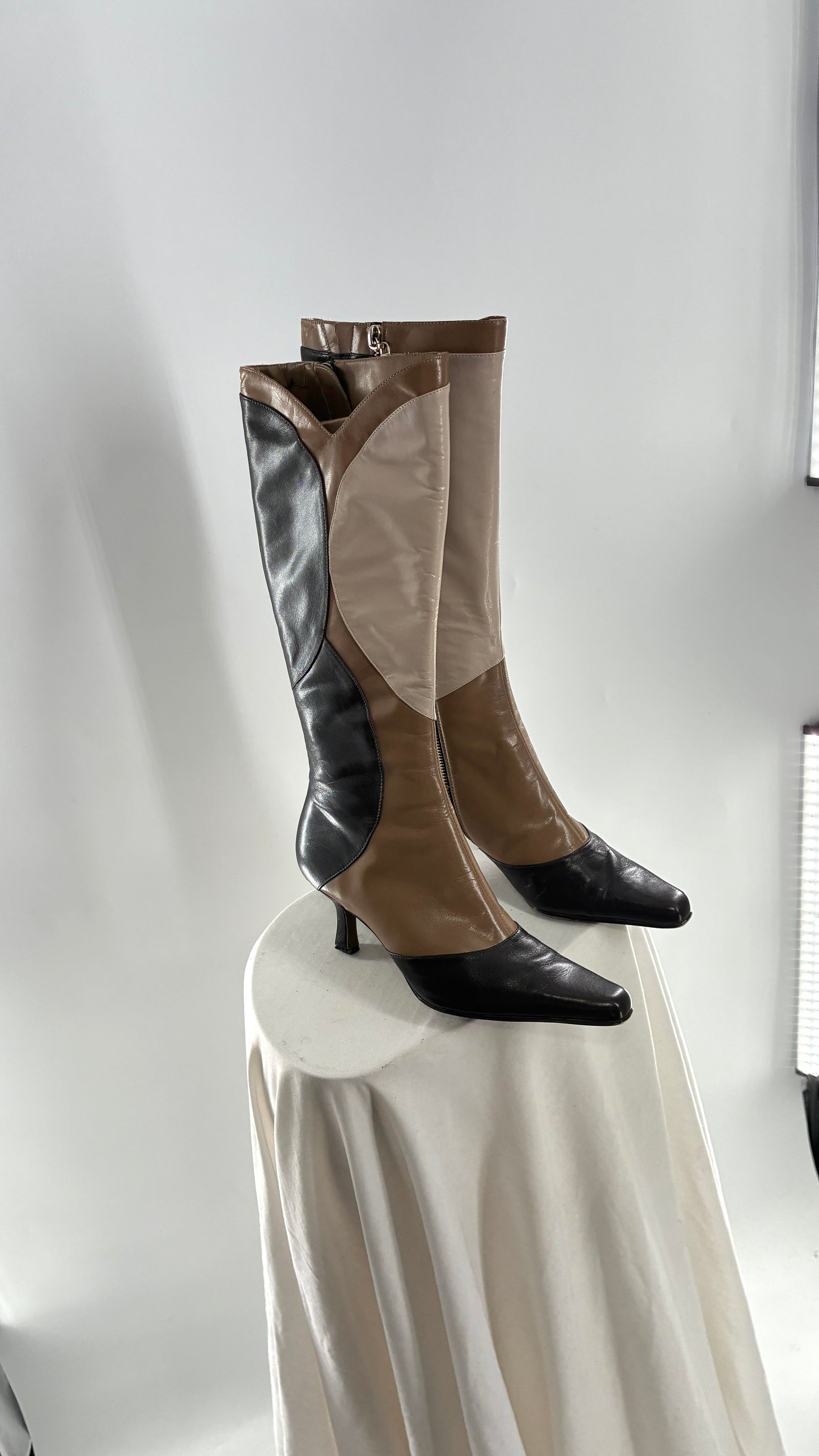 Vintage ANN MARINO Knee High Pointed Toe Abstract Patchwork Boots (6.5)