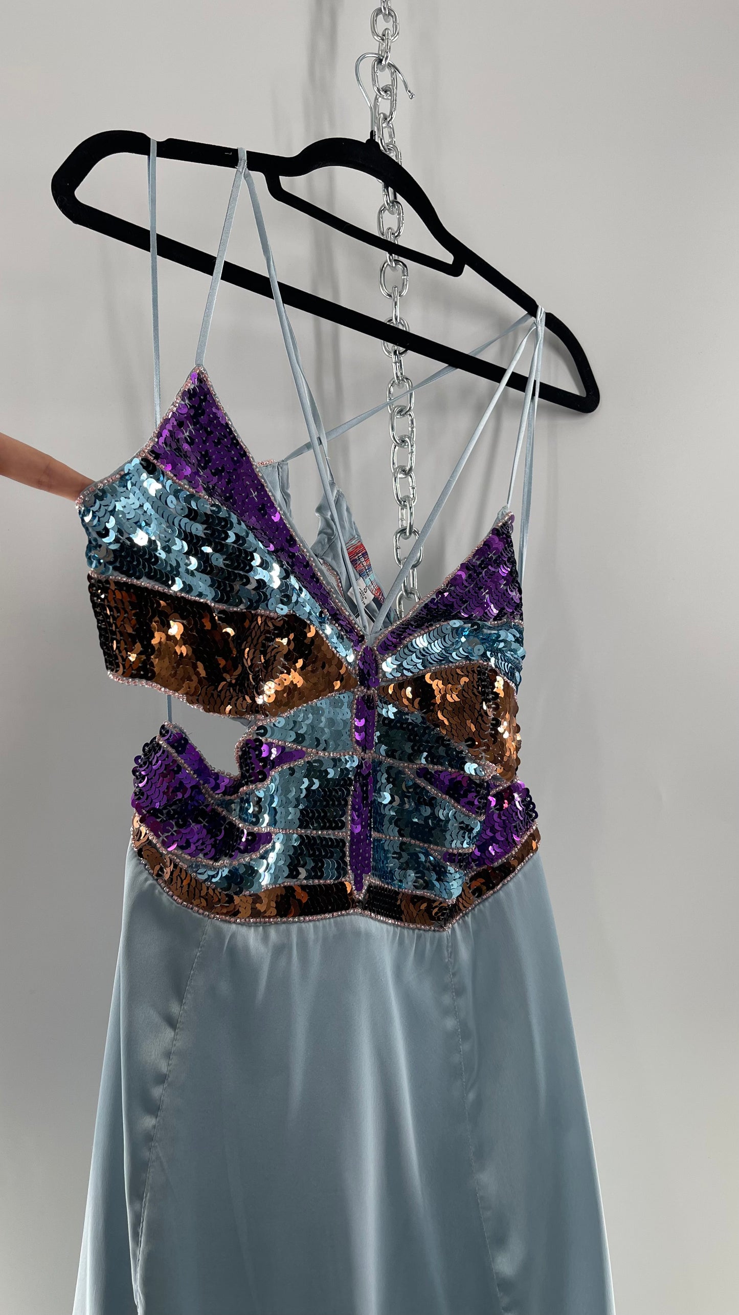 Urban Outfitters Light Blue Satin Butterfly Sequin Size L