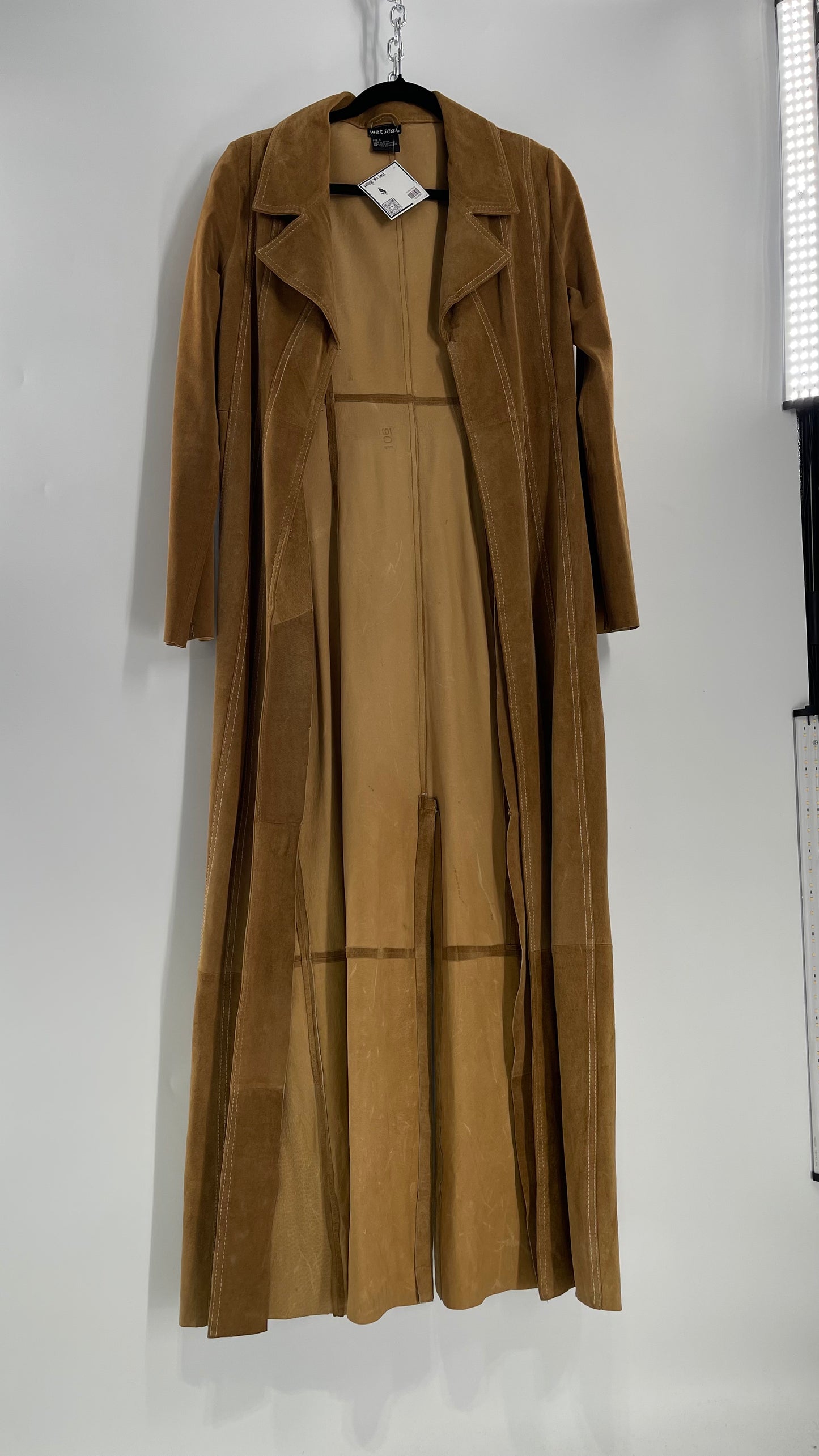 Vintage Wet Seal Full Length Paneled Tan Leather Sweeping Coat (Small)