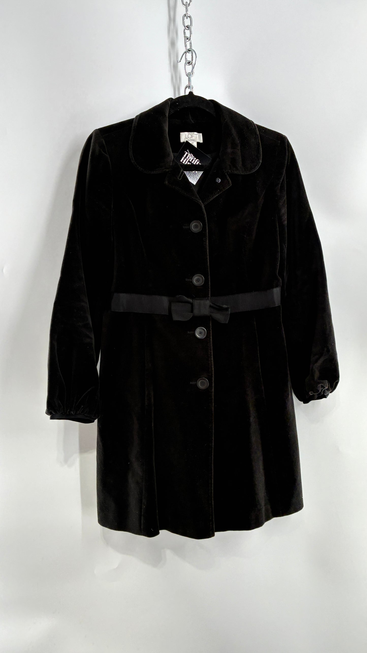 Vintage Ann Taylor Black Velour Bubble Sleeve Coat with Ribbon Bow Belt (4P)