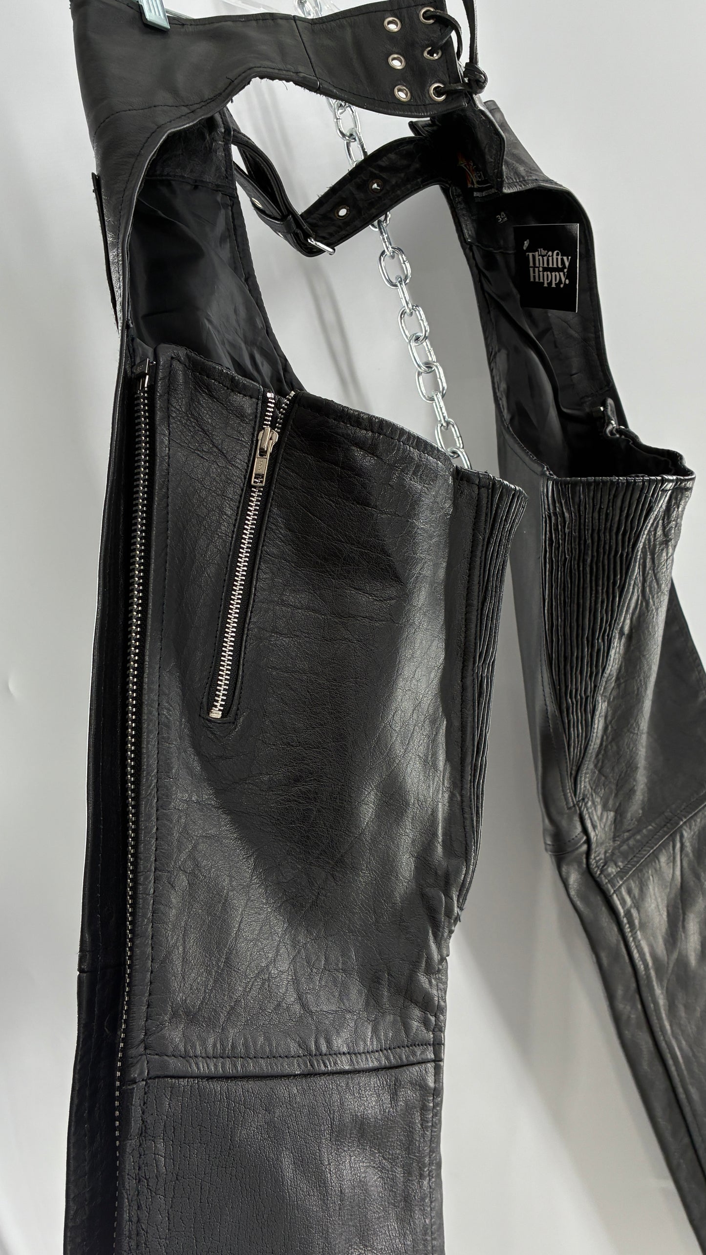 Vintage Xelement Black Genuine Leather Motorcycle Chaps with Side Zipper and Button Closure (34)