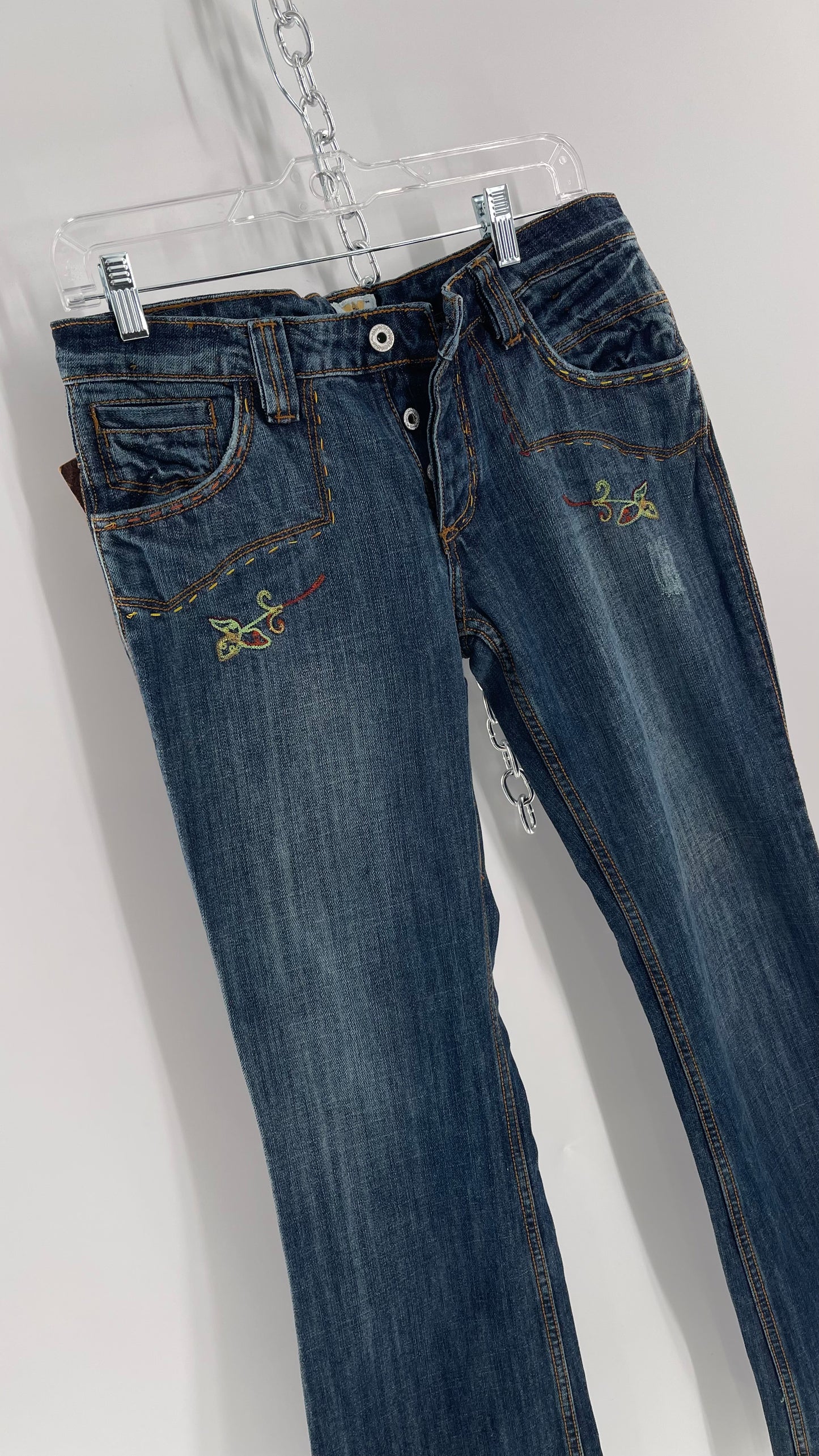 Vintage RARE Antik Denim Kick Flares with Embroidered Flower Design and Contrast Stitching (28)