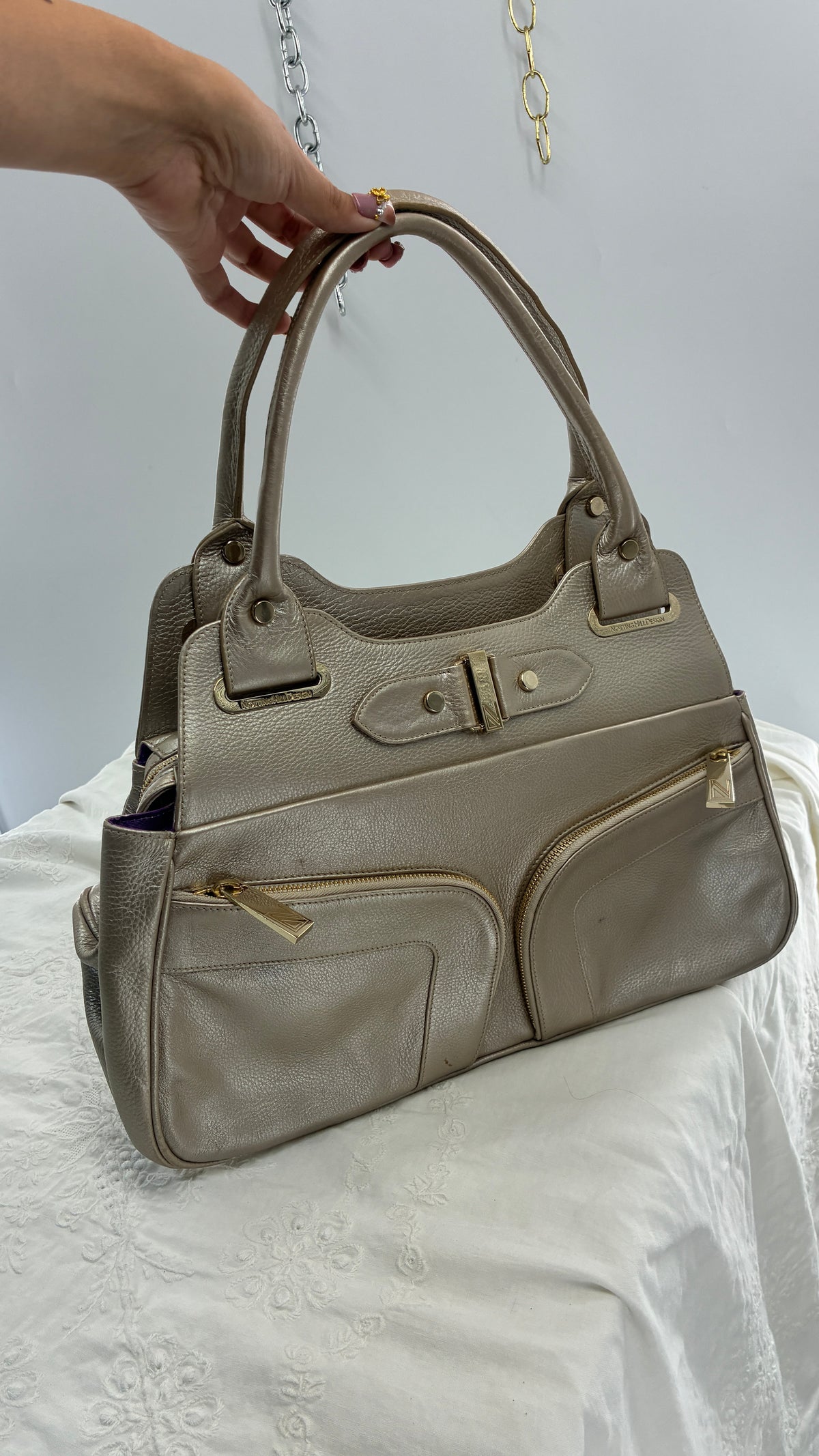 Vintage NOTTINGHILL DESIGNS Westbourne Metallic Champagne Genuine Leather Pocketed Bag with Exaggerated Hardware As Seen on Gossip Girl