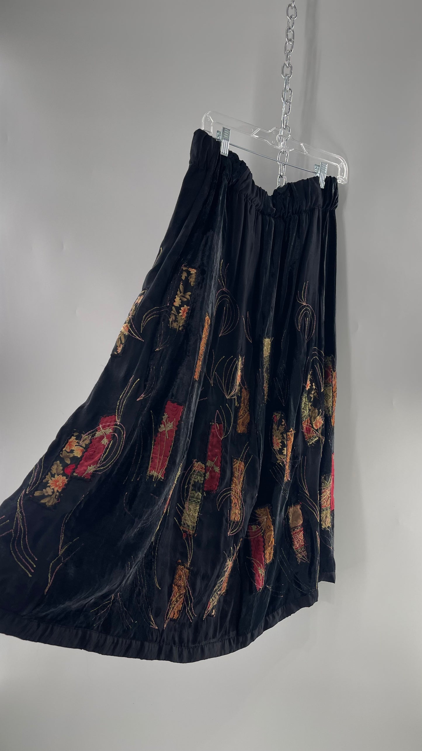 Vintage Black Velvet and Embossed Florals Patchwork Skirt with Metallic Stitch Detailing with Lining and Thick Waistline (M)