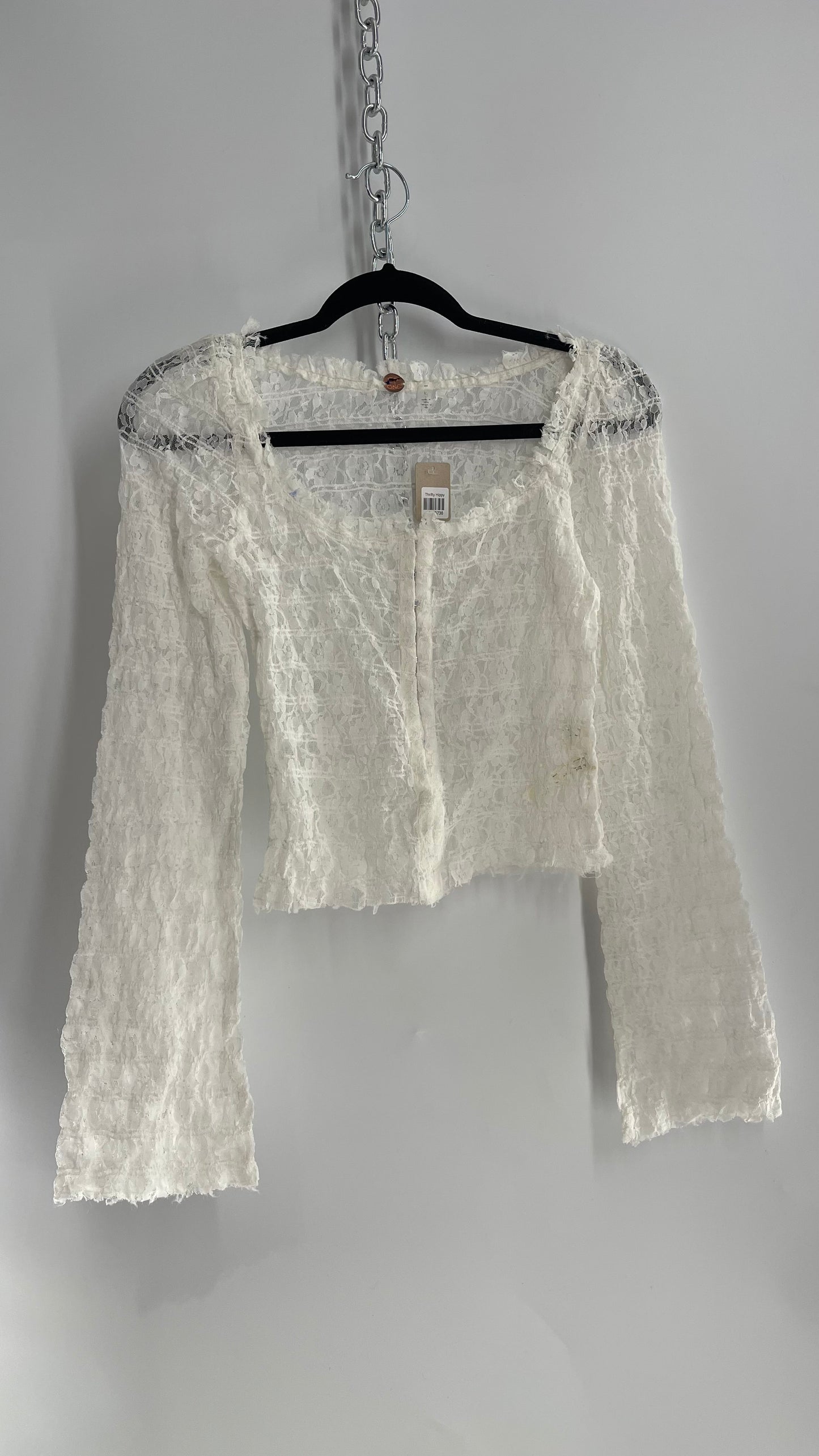 Free People White Smocked Lace Long Sleeve with Eyelet Closure (Large)