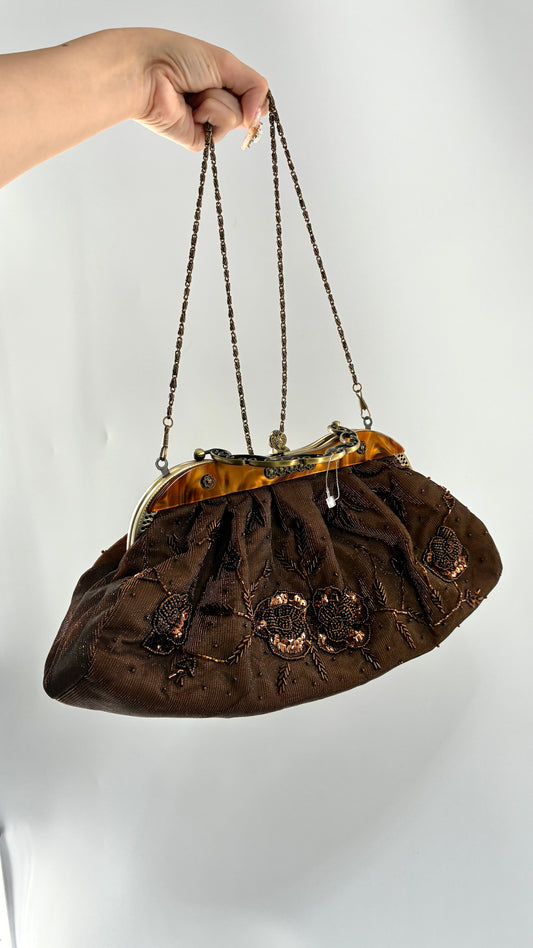 Vintage Brown Beaded and Sequin Purse with Bronze Metal Closure and Iridescent Fabric