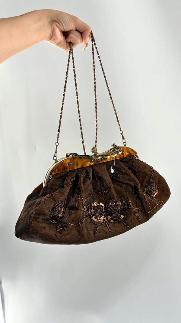 Vintage Brown Beaded and Sequin Purse with Bronze Metal Closure and Iridescent Fabric