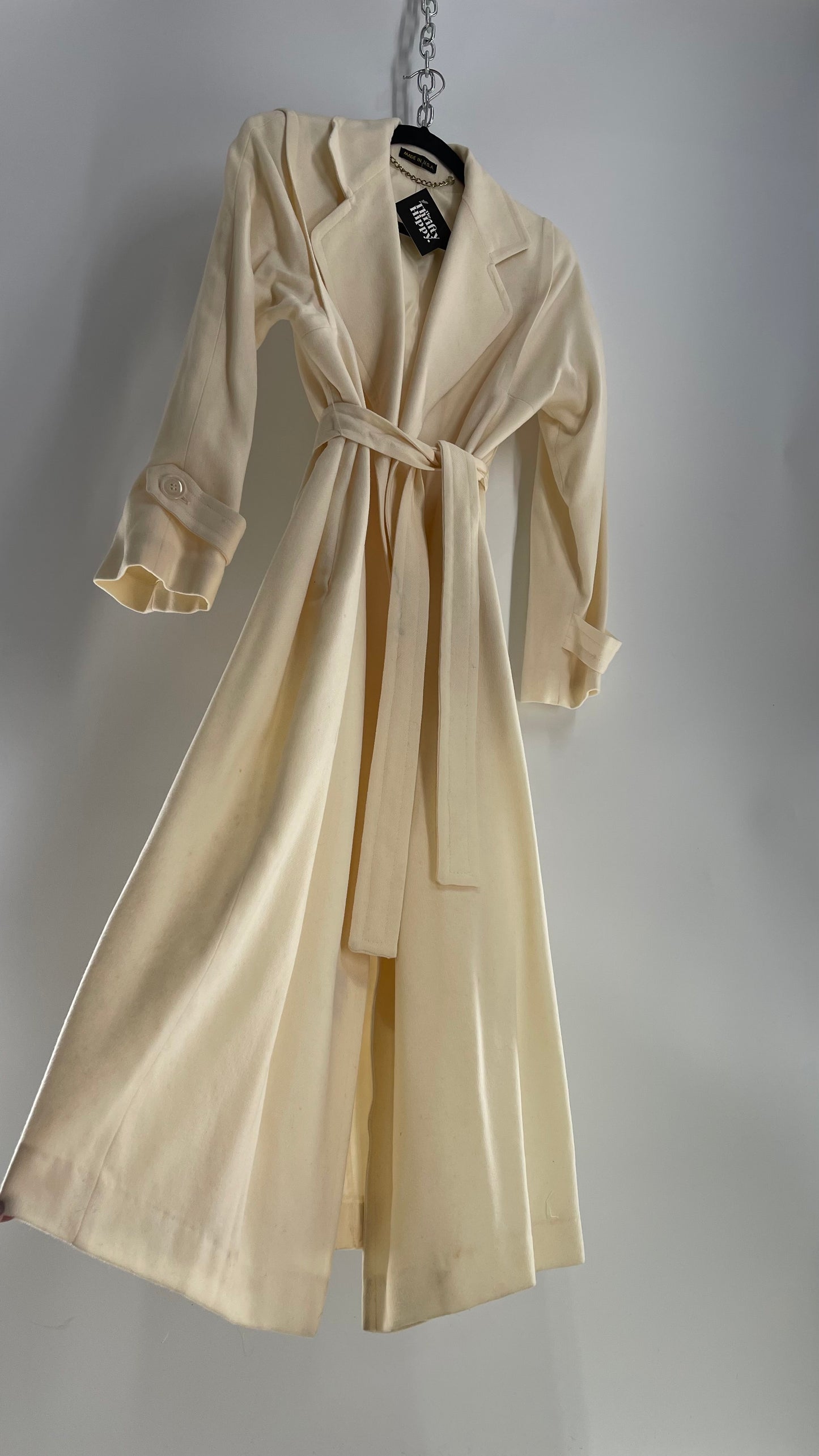 Vintage Sara Roberts Cream Ivory 100% Pure Wool Trench Duster Coat (Small)