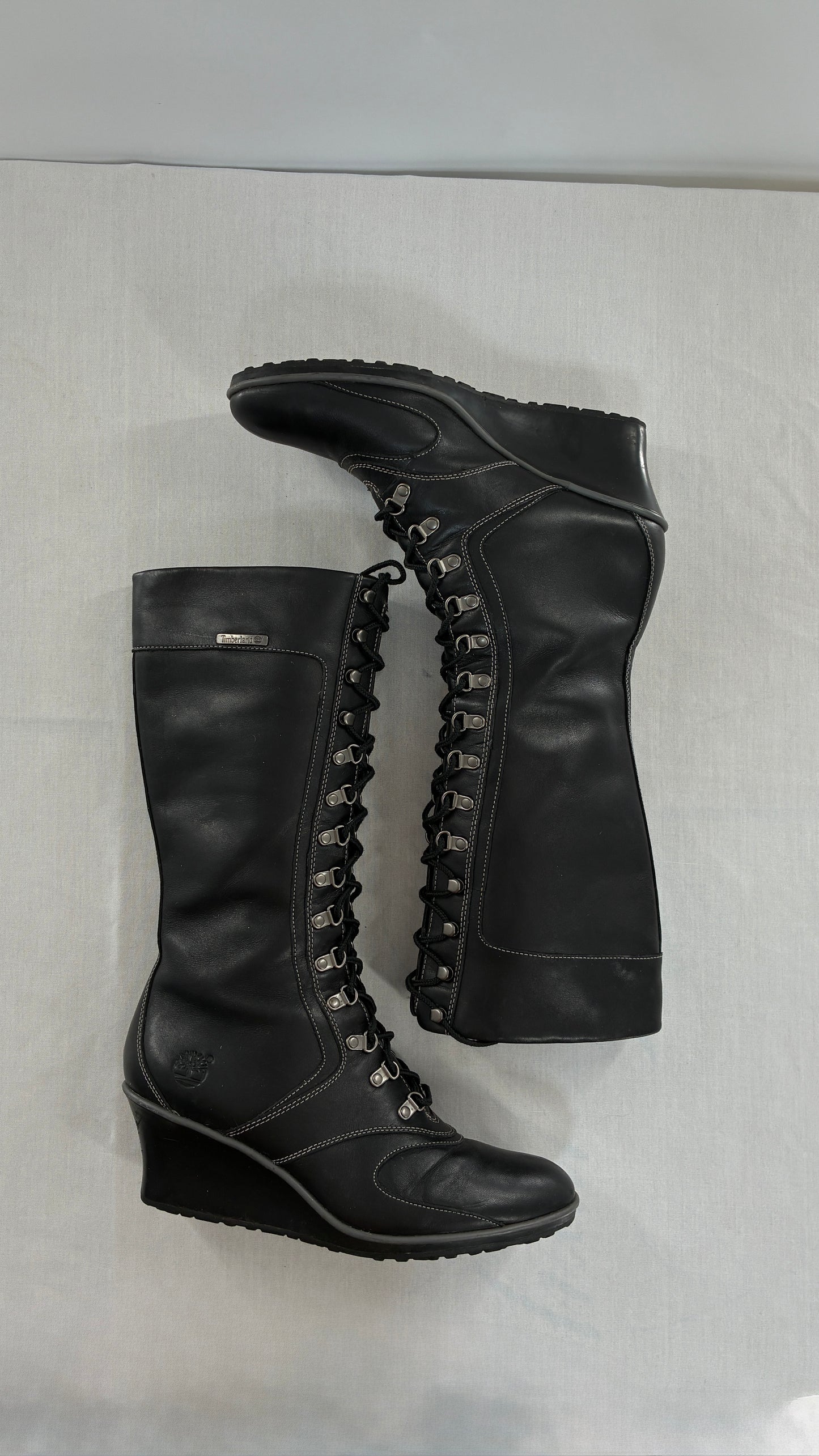 Vintage TIMBERLAND Black Genuine Leather Wedge Boots (10)