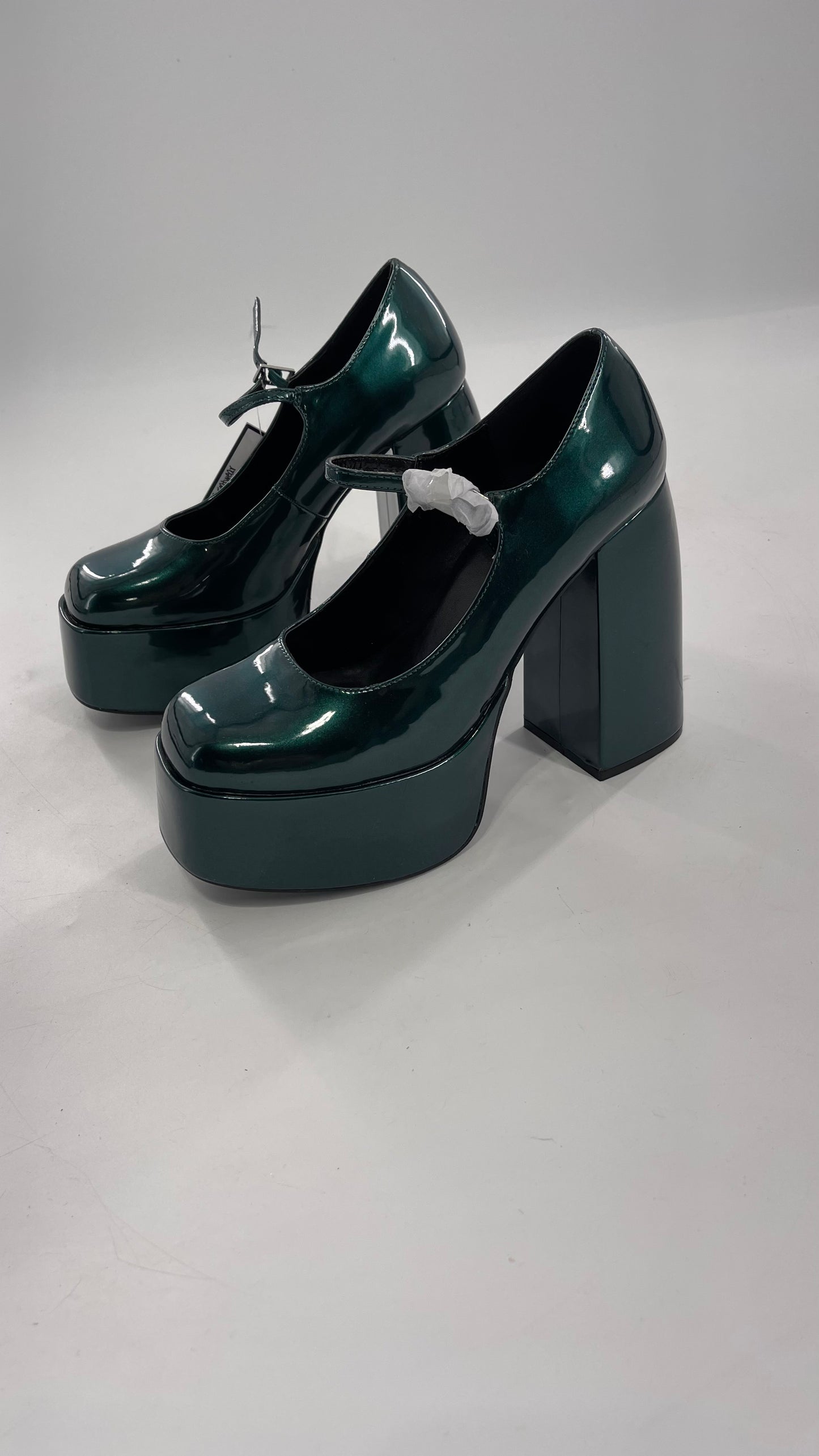 KOI FOOTWEAR Patent Emerald Green Platform Chunky Heel Mary Janes (9/39)