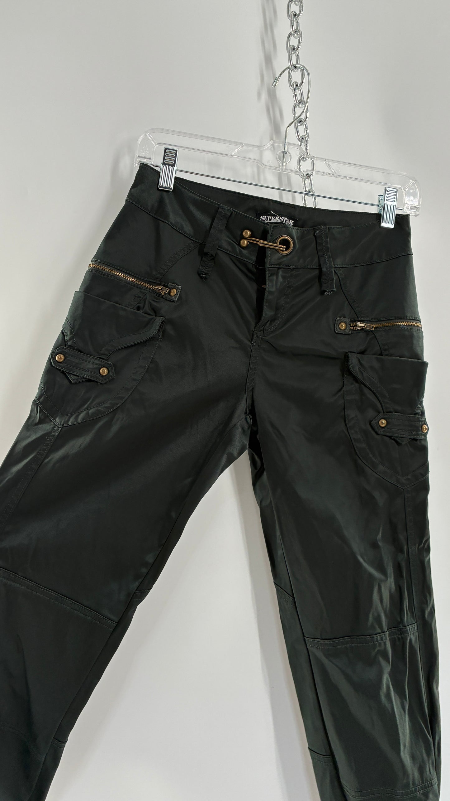 Vintage SUPERSTAR Shiny Low Rise Black Cargos with Heavy Brass Hardware, Zippers and Closure (36)