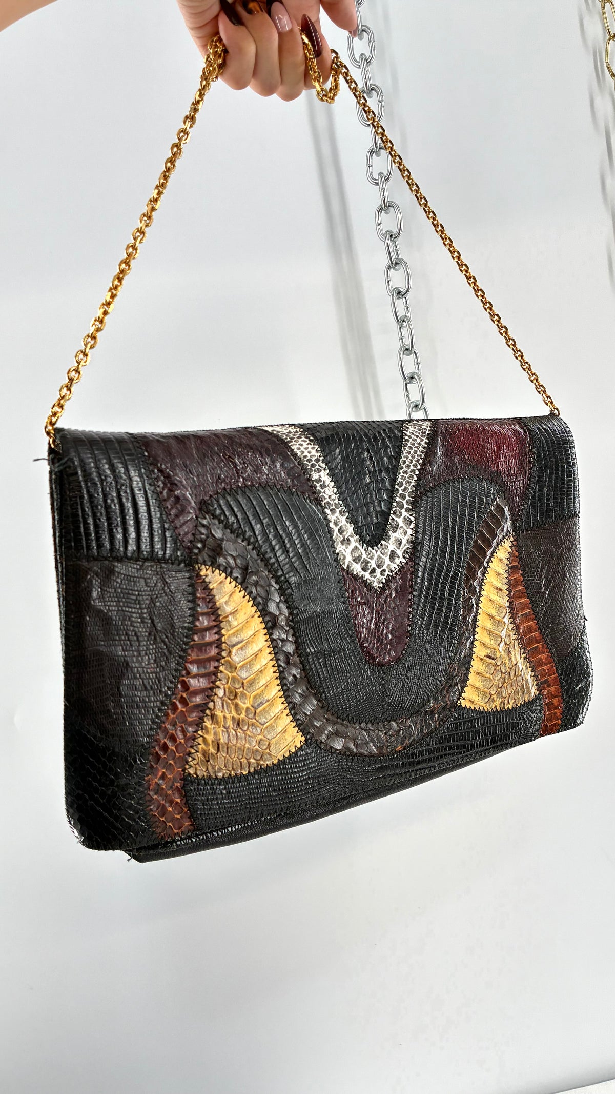 Vintage Exotic Genuine Leather Multicolor Reptile-Texture Patchwork Clutch With Chain Strap
