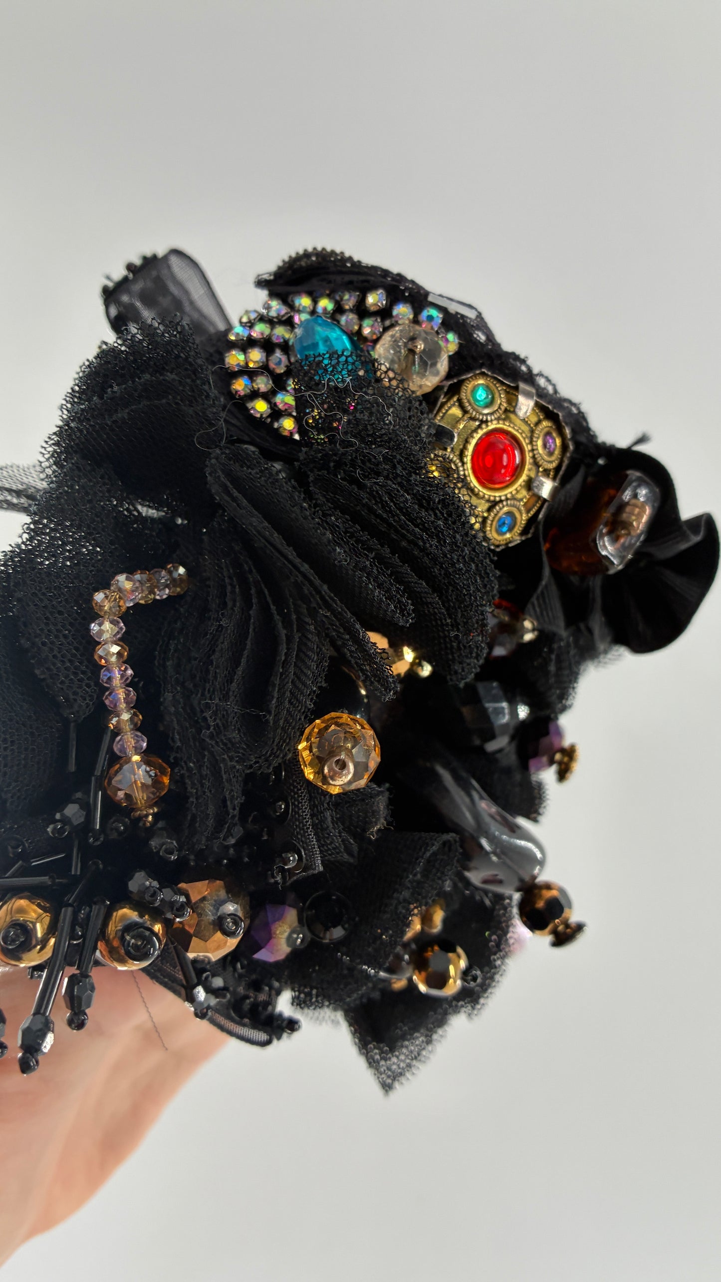 Vintage Black Tulle Jeweled Maximalist Statement Cuff Bracelet