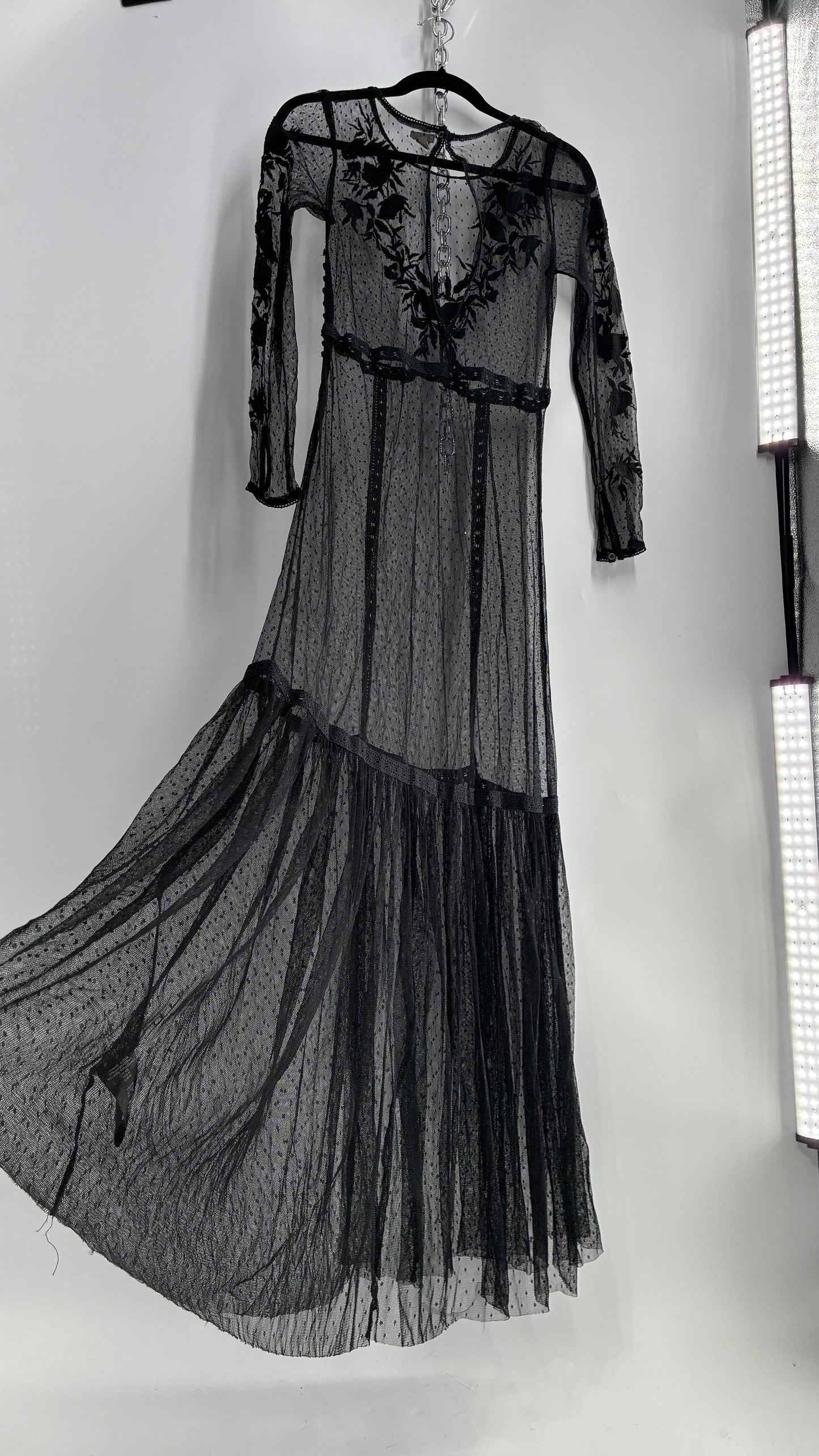 ECOTE Sheer Mesh Full Length Dress with Lace Appliqué Sleeves and Bust (Medium)