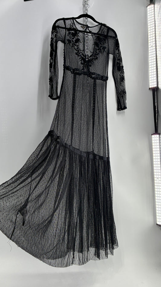 ECOTE Sheer Mesh Full Length Dress with Lace Appliqué Sleeves and Bust (Medium)