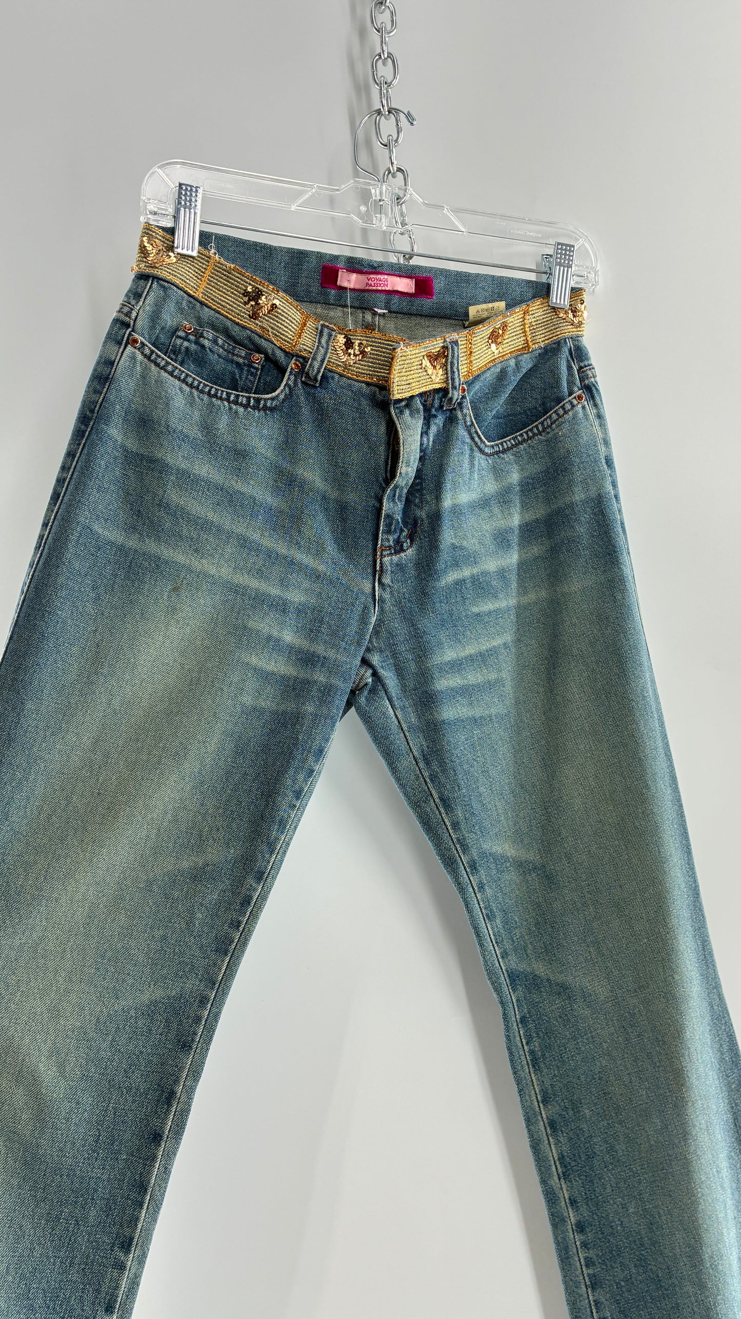 Vintage VOYAGE PASSION Kick Flare Light Wash Jeans with Heart Embroidered Bum and Gold Sequin Belt (28)