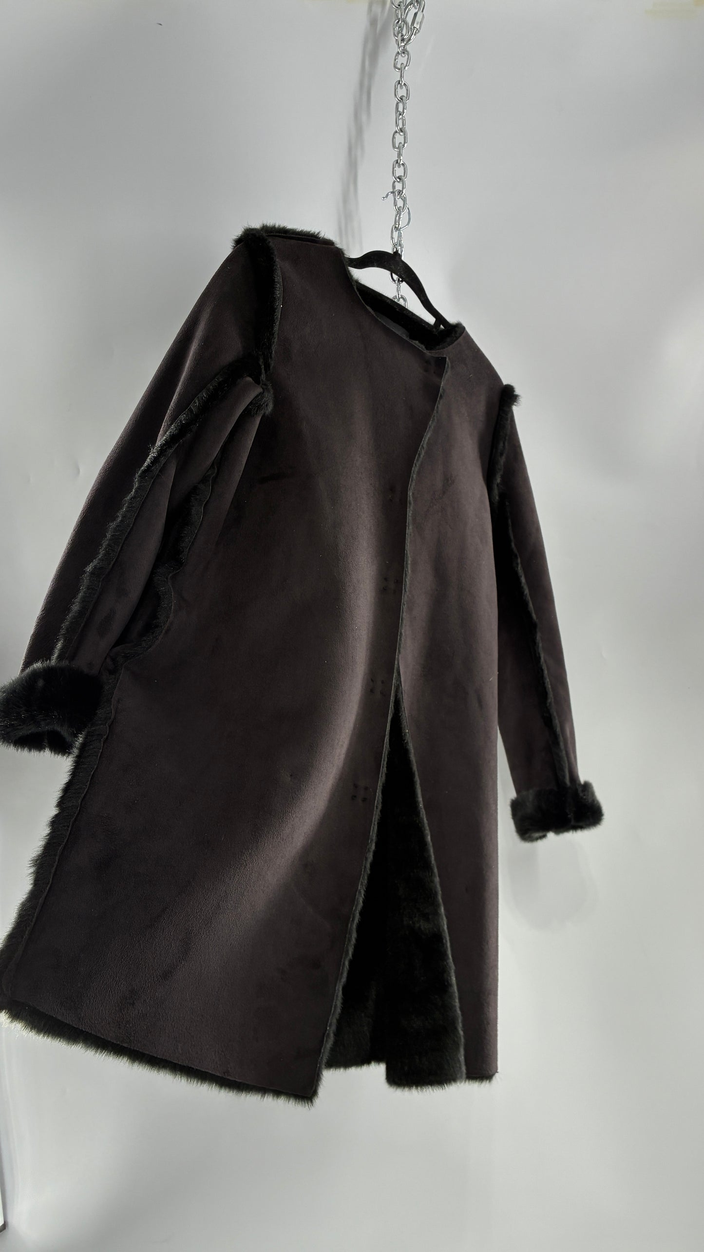 Vintage H&M Black Faux Suede Coat with Faux Fur Piping (12)
