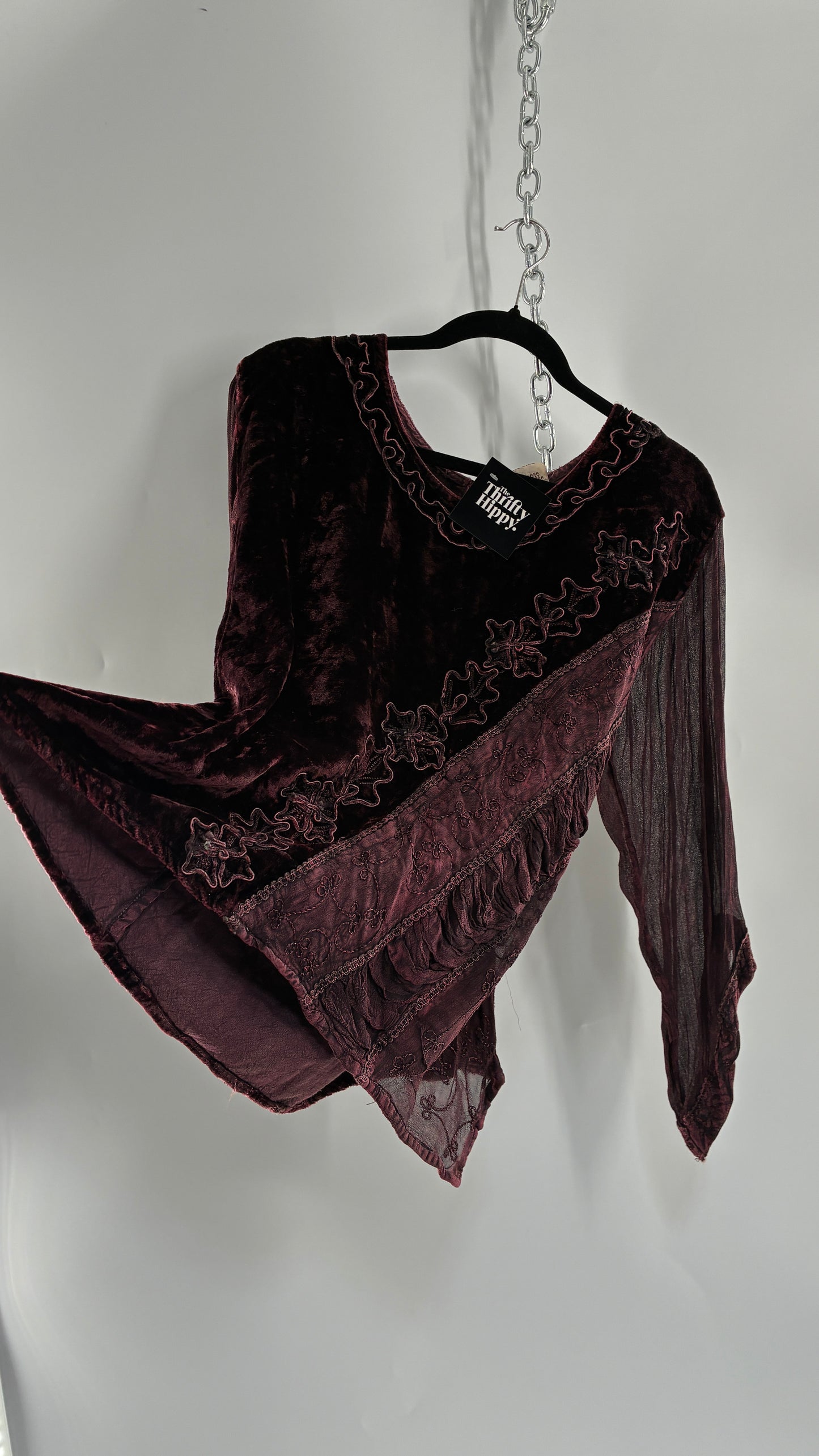 Vintage 1990s Burgundy Velvet Tie Back Blouse and Sheer Paneled Skirt (OS)