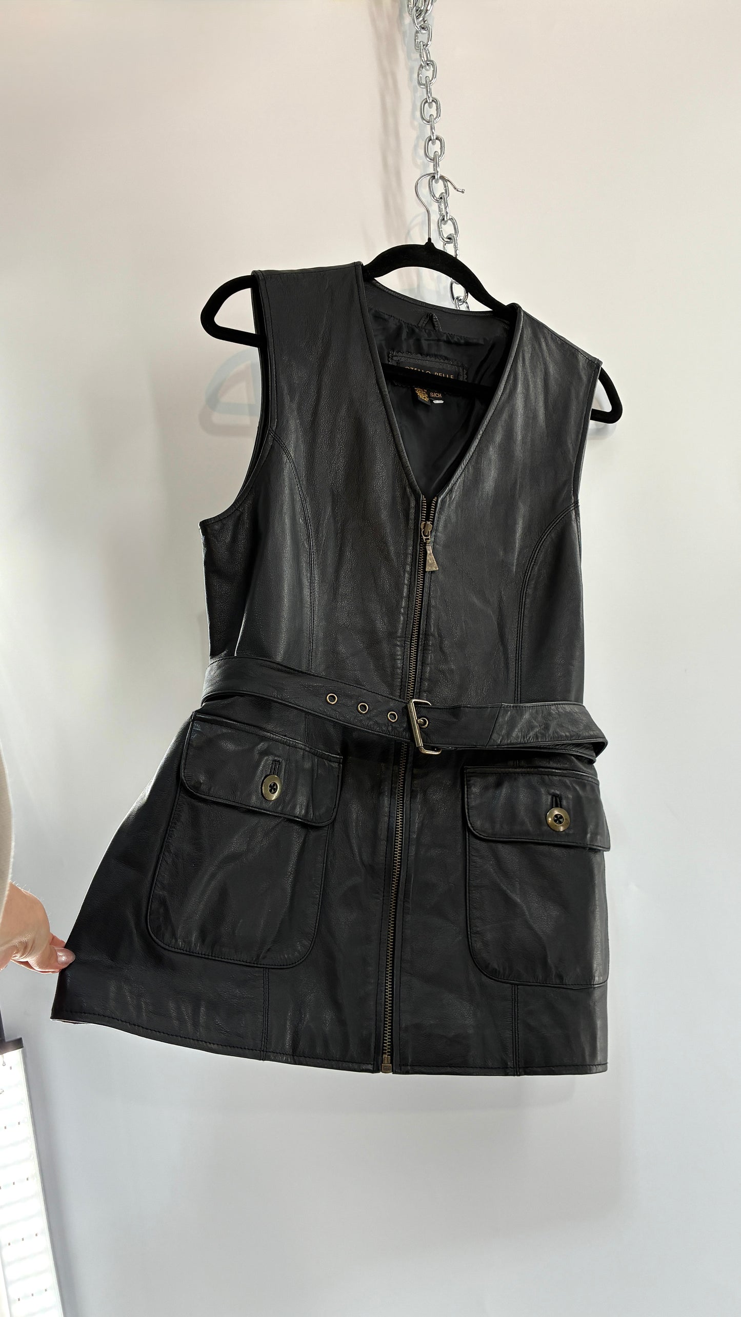 Vintage OTELLO PELLE Black Genuine Leather Belted Vest or Mini Dress Overlay (Small)