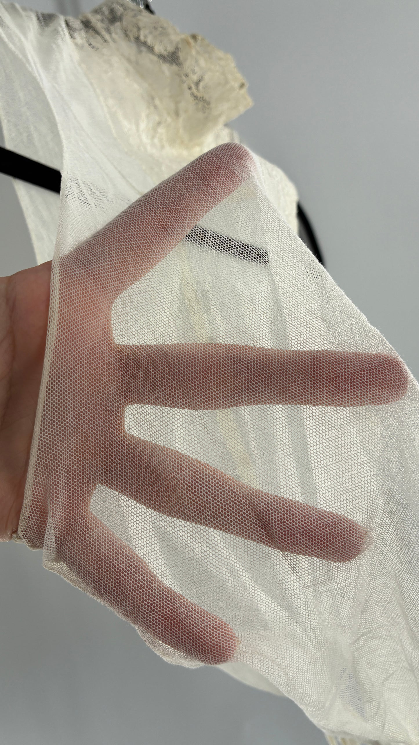 Vintage Antique Sheer Delicate Mesh, Mock Neck, Lace Paneled Camisole with Drawstring Waistline (XS/S)