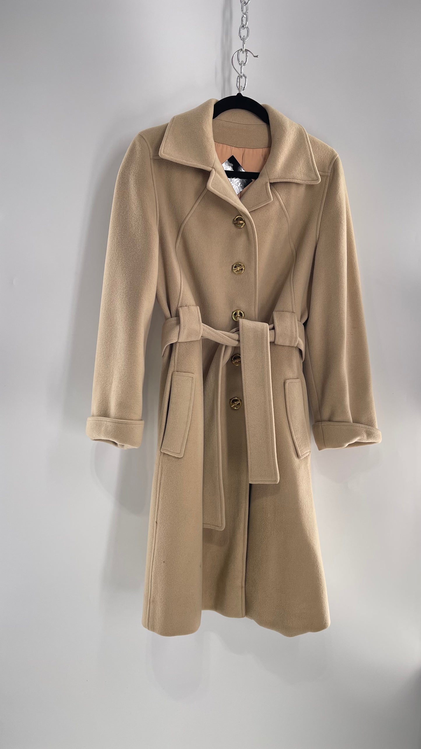 Vintage 100% Amicale Cashmere Beige Cream Coat with Apricot Satin Lining (C) (S/M)