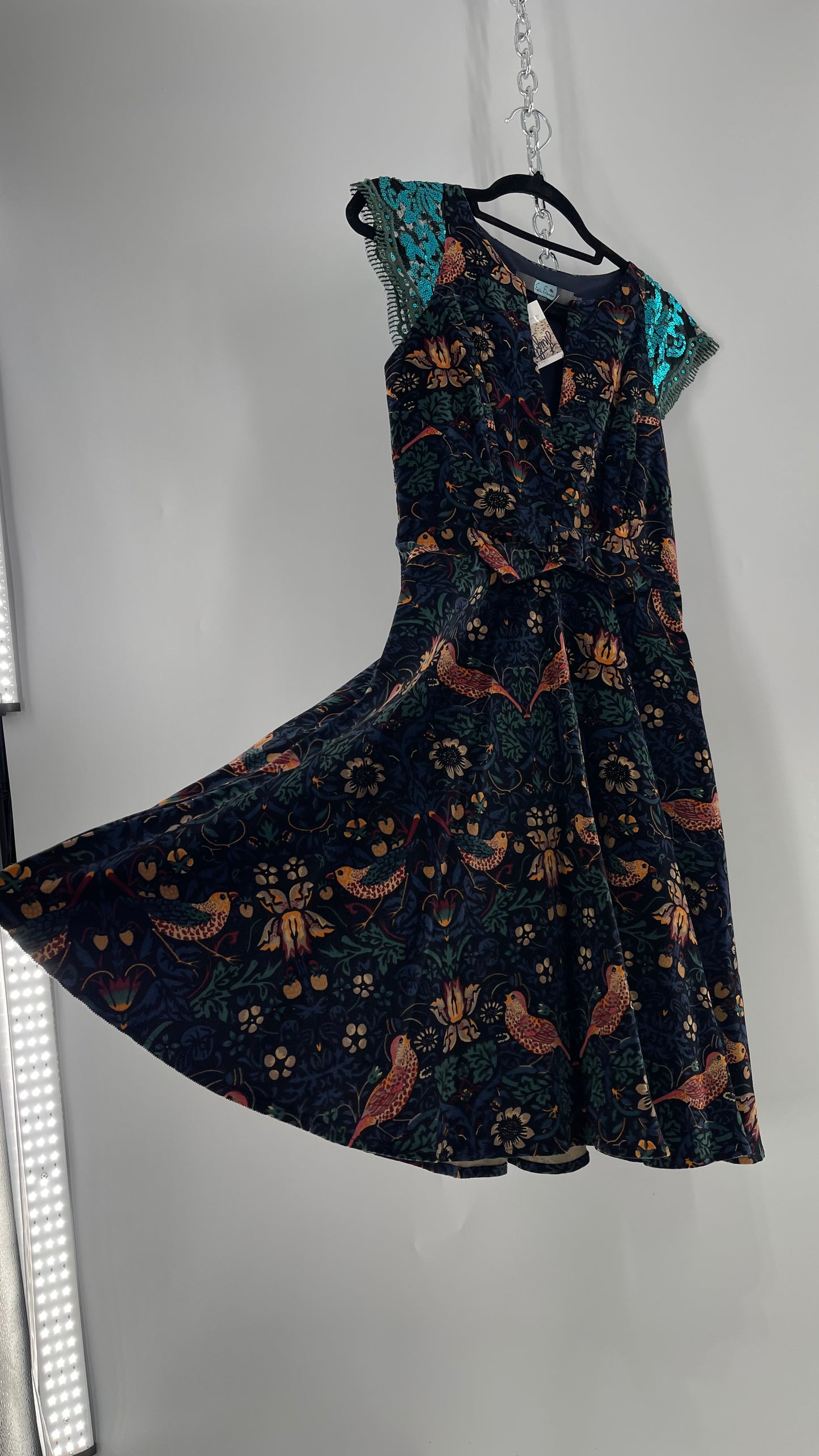 Anthropologie Eva Franco Corduroy Floral Bird Tapestry Print Dress with Sequin Cap Sleeves (4)