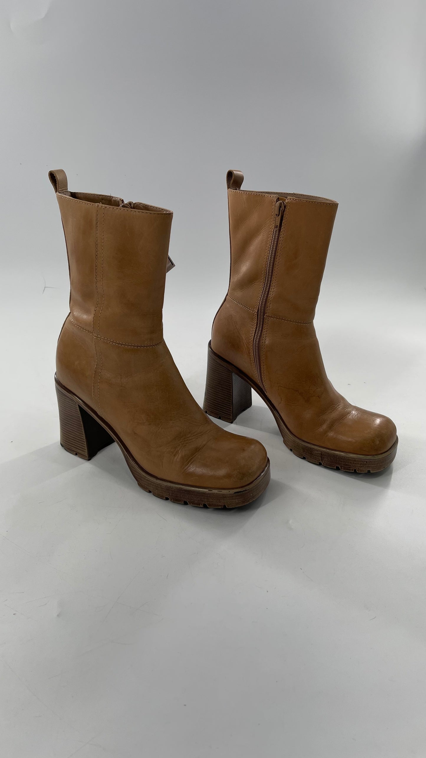 Vintage 90s Steve Madden Tan Leather Funky Square Toe Boot with Platform and Chunky Heel