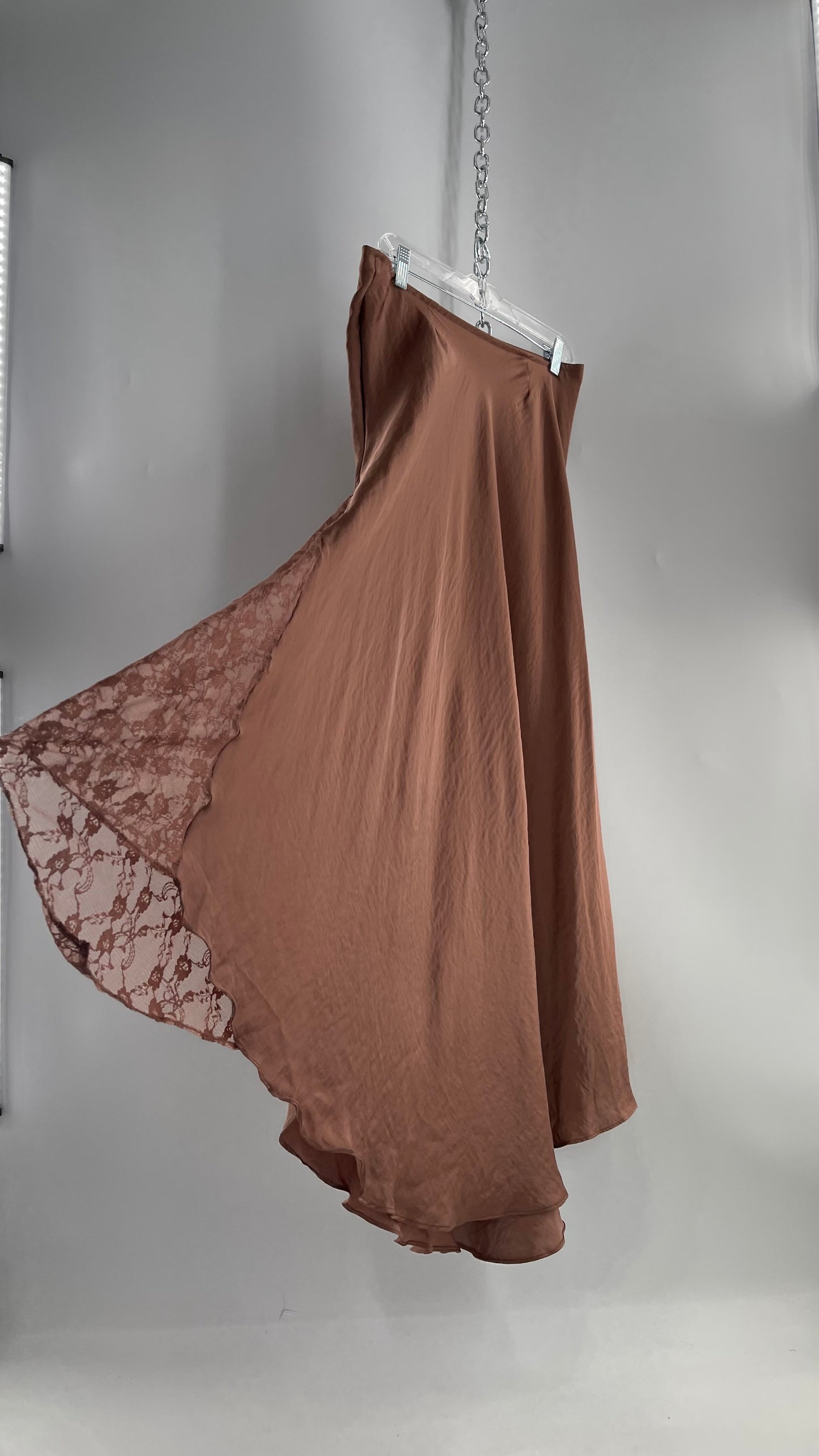 Intimately Free People Brown/Dusty Mauve Satin Maxi Skirt with Lace Paneling (Medium)