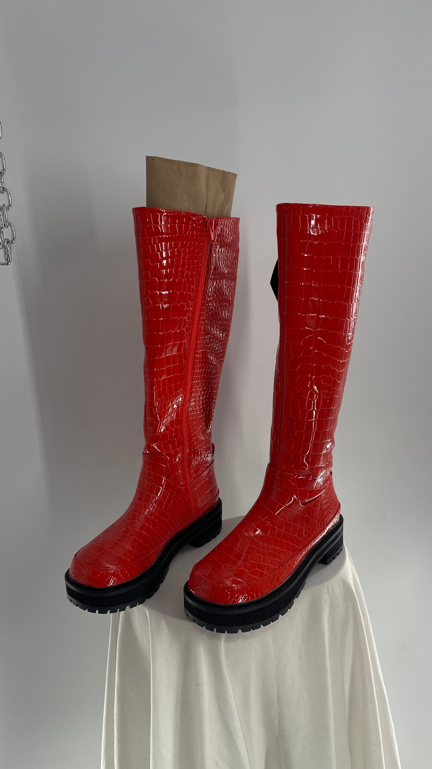 Urban Outfitters Orange Crocodile Embossed Knee High Boots (6)