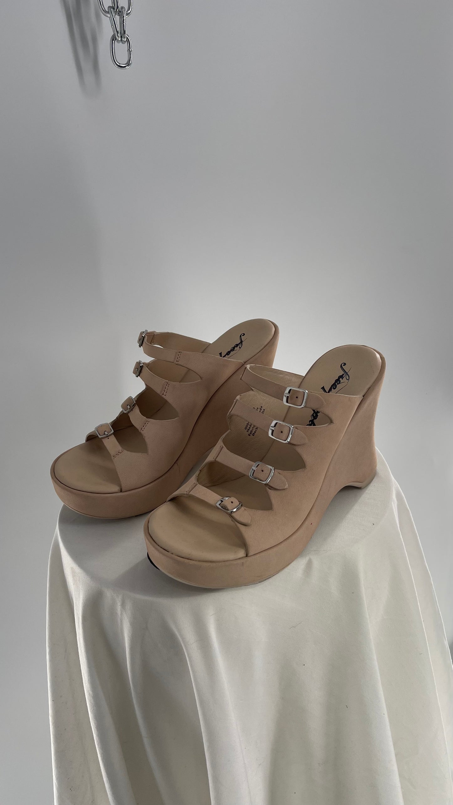 Free People Huffman Beige/Tan Leather Wedge Multiple Buckle Heel (37)