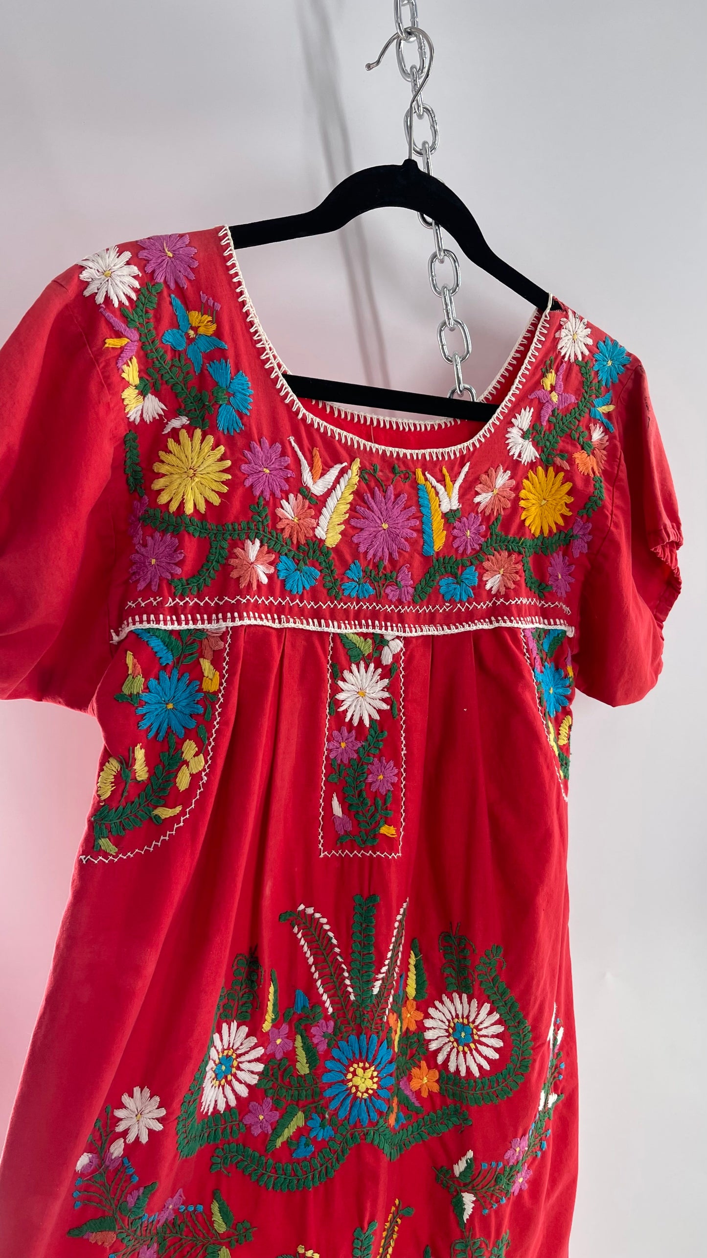 Vintage 1970s Red Cotton Dress with Hand Embroidered Florals Imported from Mexico (Small)