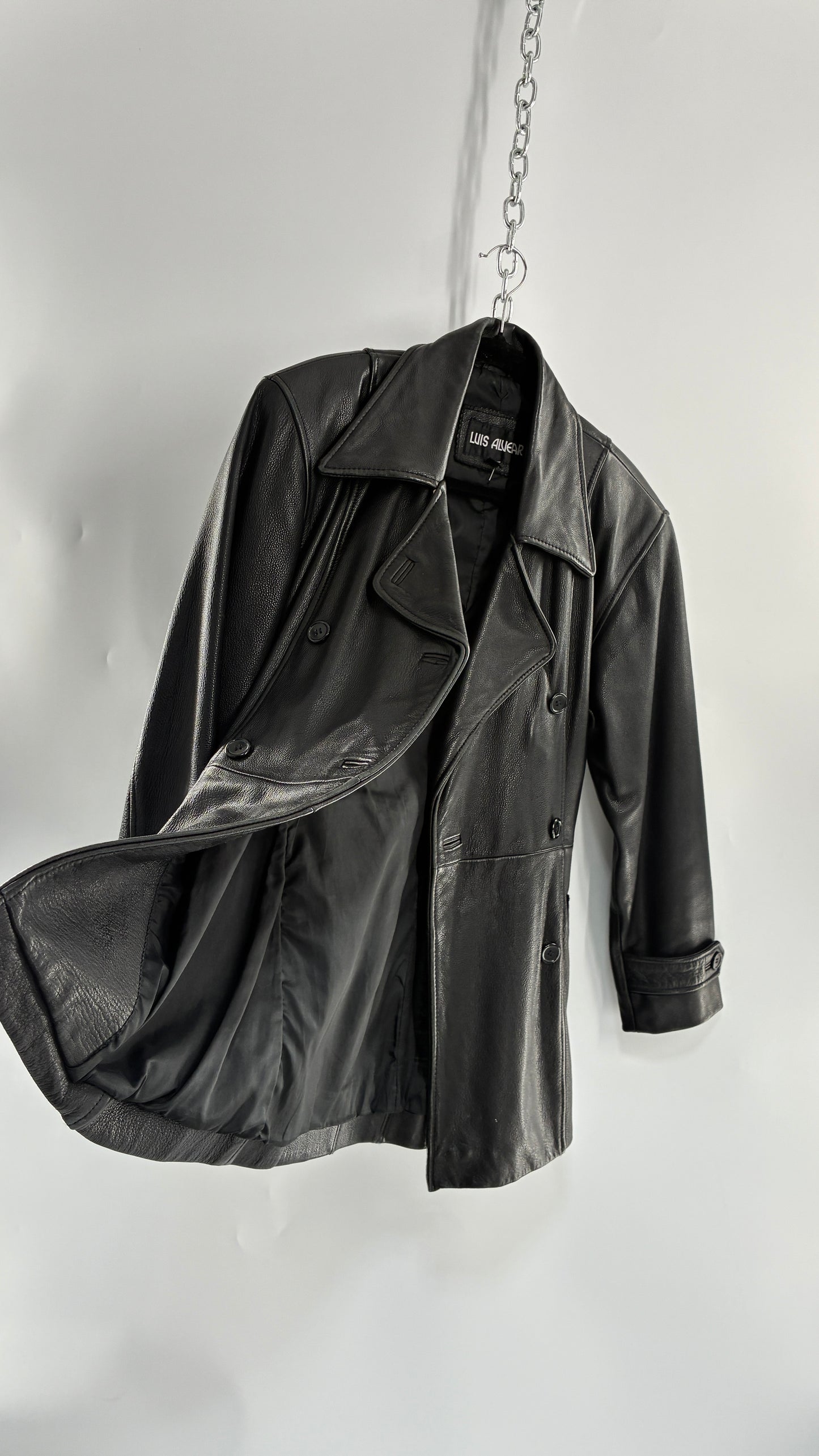 Vintage LUIS ALVEAR Thick Genuine Leather Black Trench Style Jacket (XS)