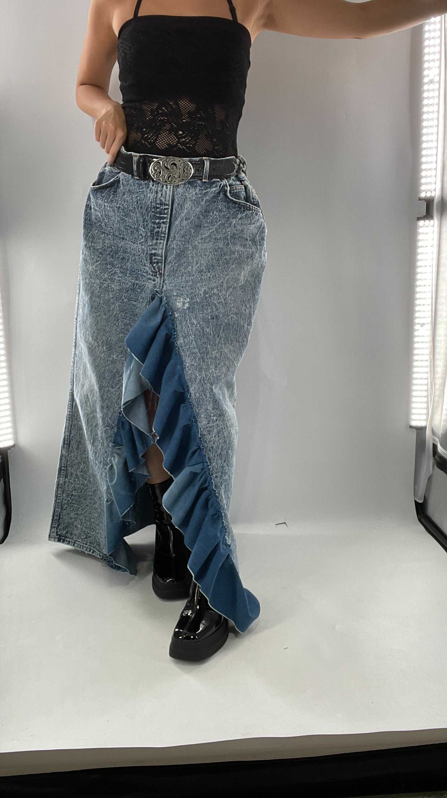 Custom Handmade Acid Wash Denim Slit Front Ruffled Skirt with Bow Bum (Large)