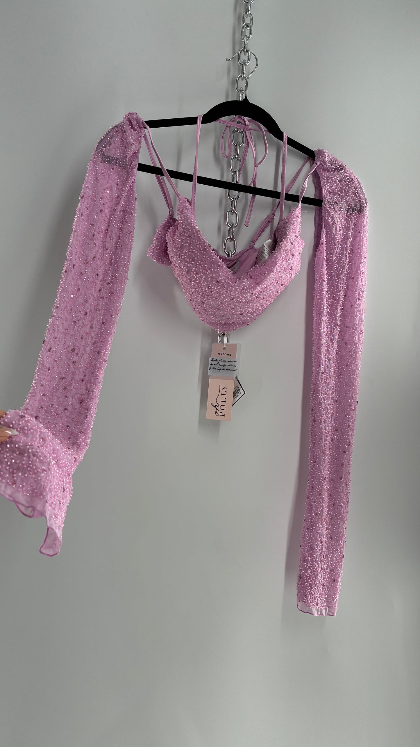 Princess Polly Beaded Shrug, Drape Front Lilac Long Sleeve with Tags Attached (6)