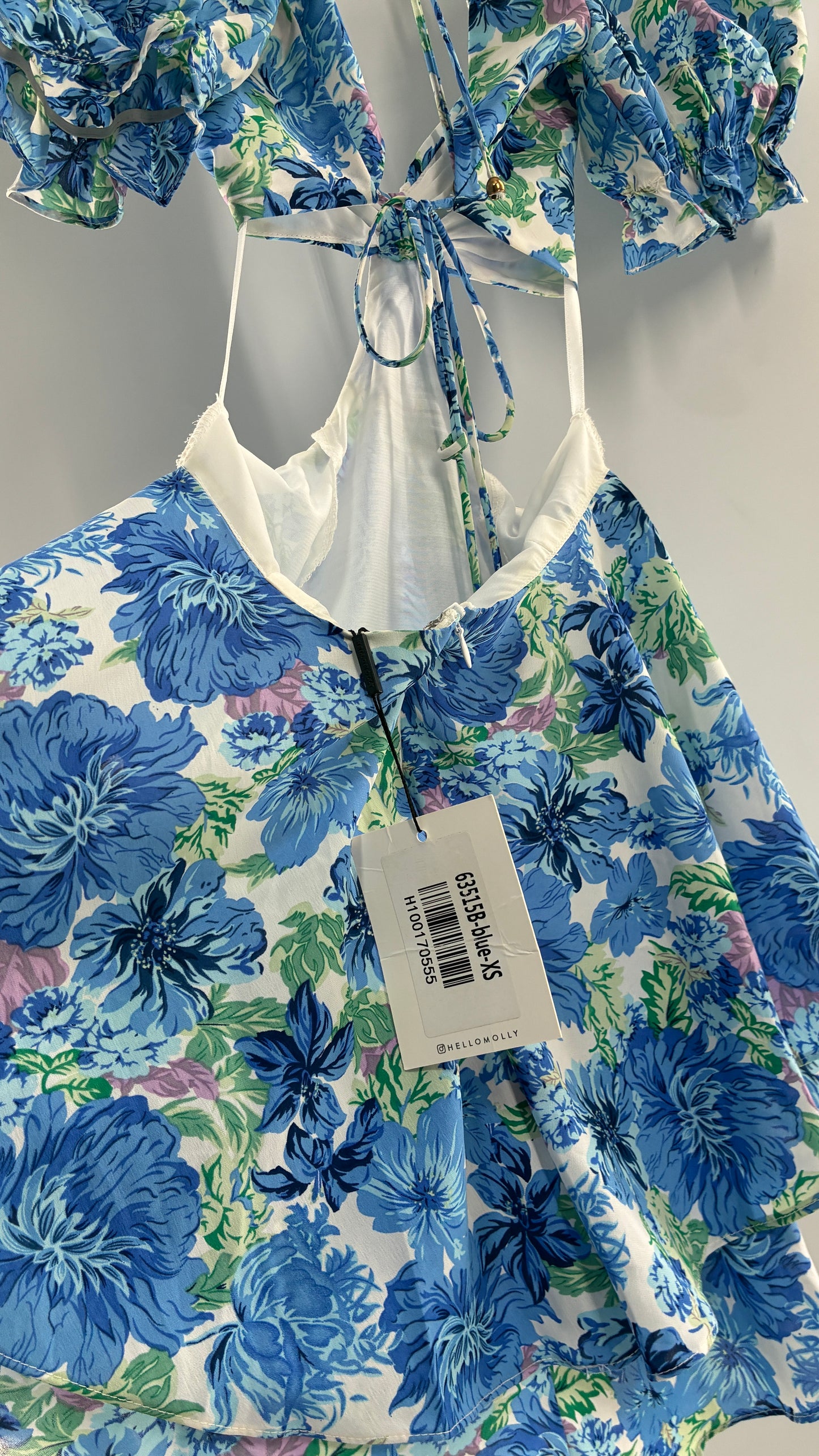 Hello Molly Blue Puff Sleeve Mini Dress with Completely Ruffled Sides and Tags Attached (XS)