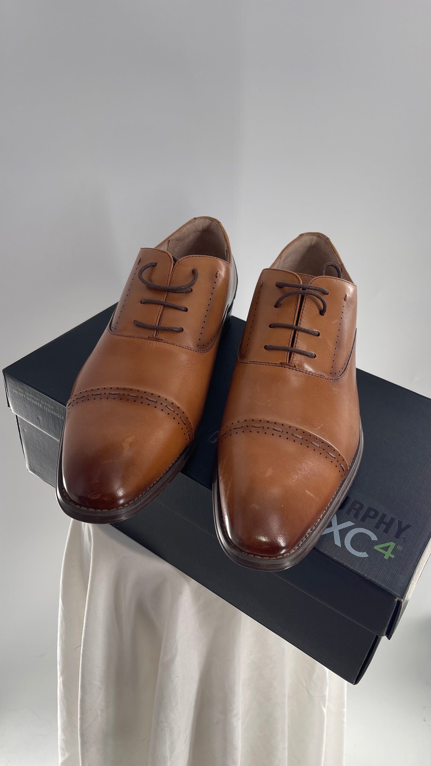 STACY ADAMS Cognac Camel Brown Leather Captoe Oxfords (12)