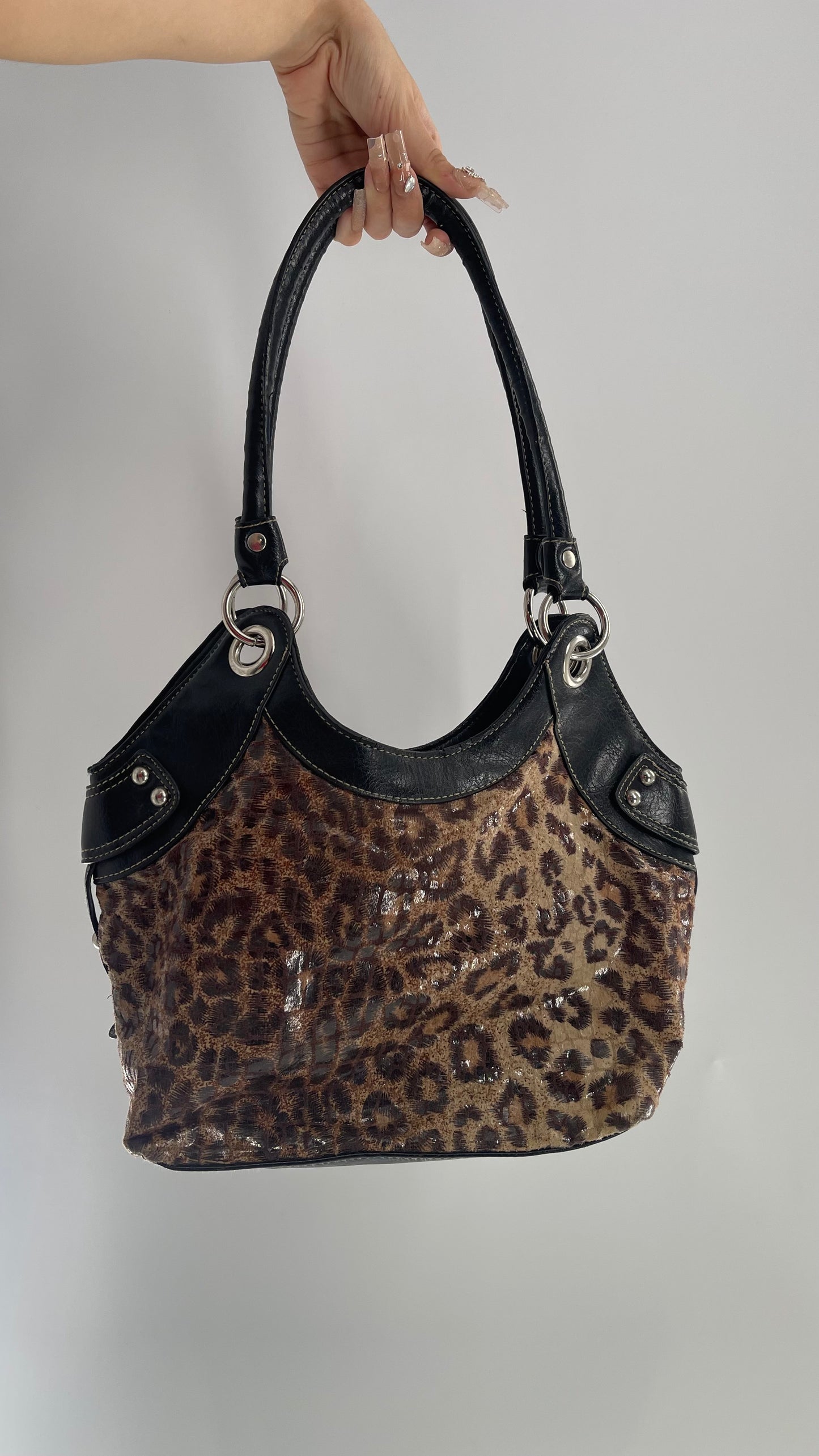 Vintage Rosetti Sequin Cheetah Bag with Leather Trim and Straps