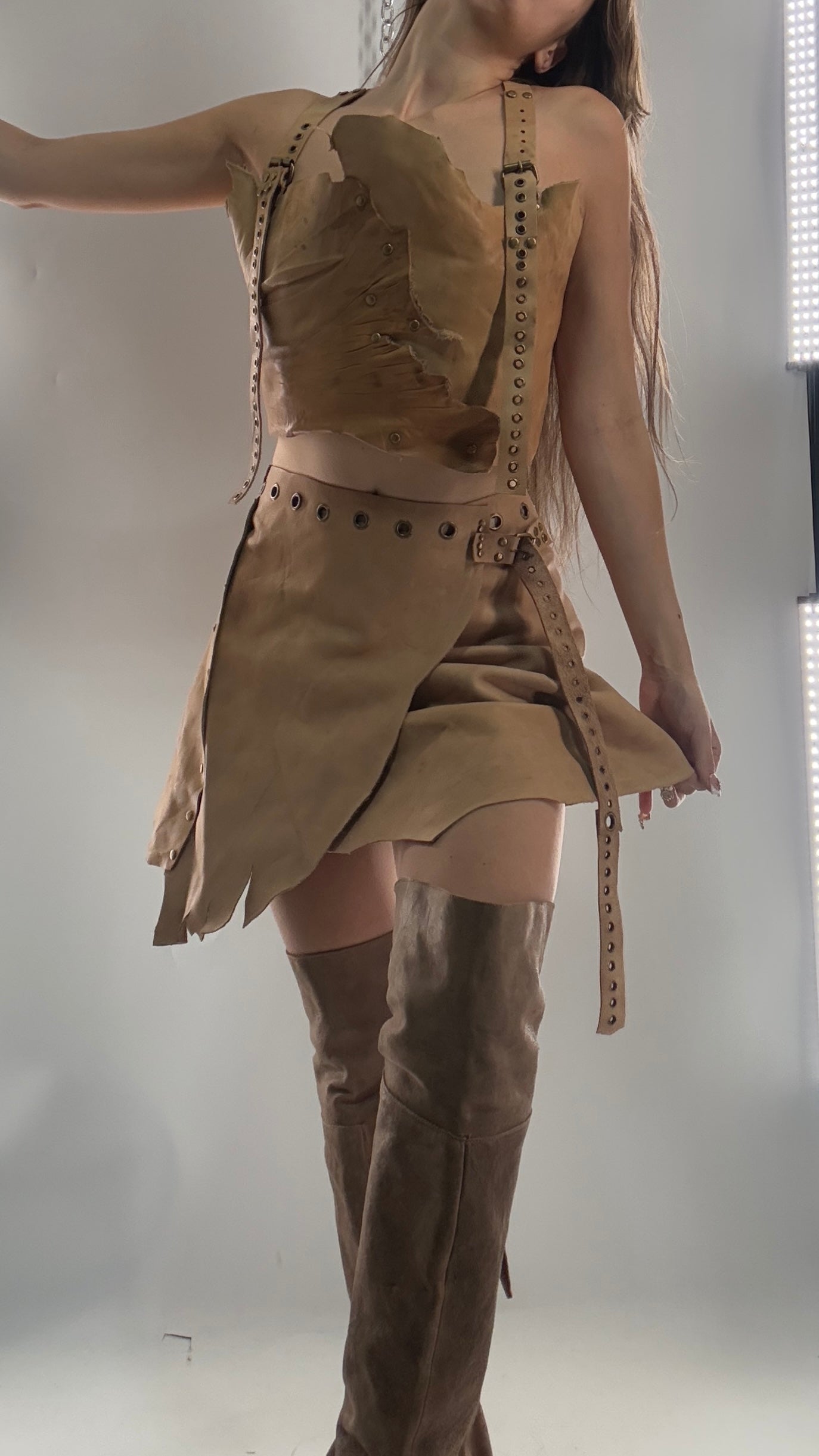 CUSTOM Handmade Rugged and Reversible Distressed Leather Two Piece Set with Grommet Waistband (XS-XL)