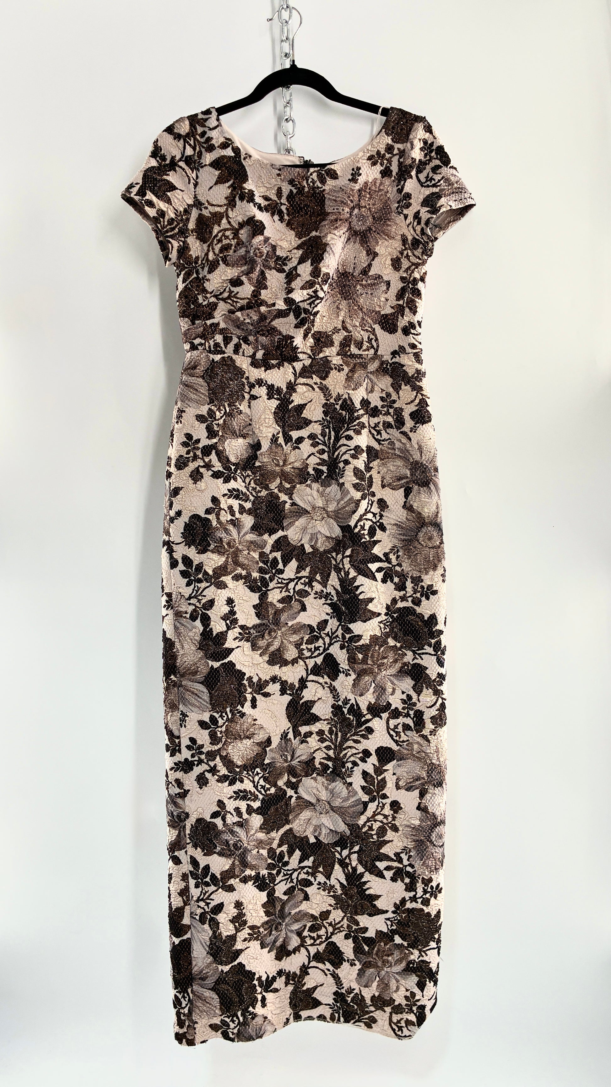 Vintage Adrianna Papell Neutral Floral Dress with Beading and Gold Sheen (6P)