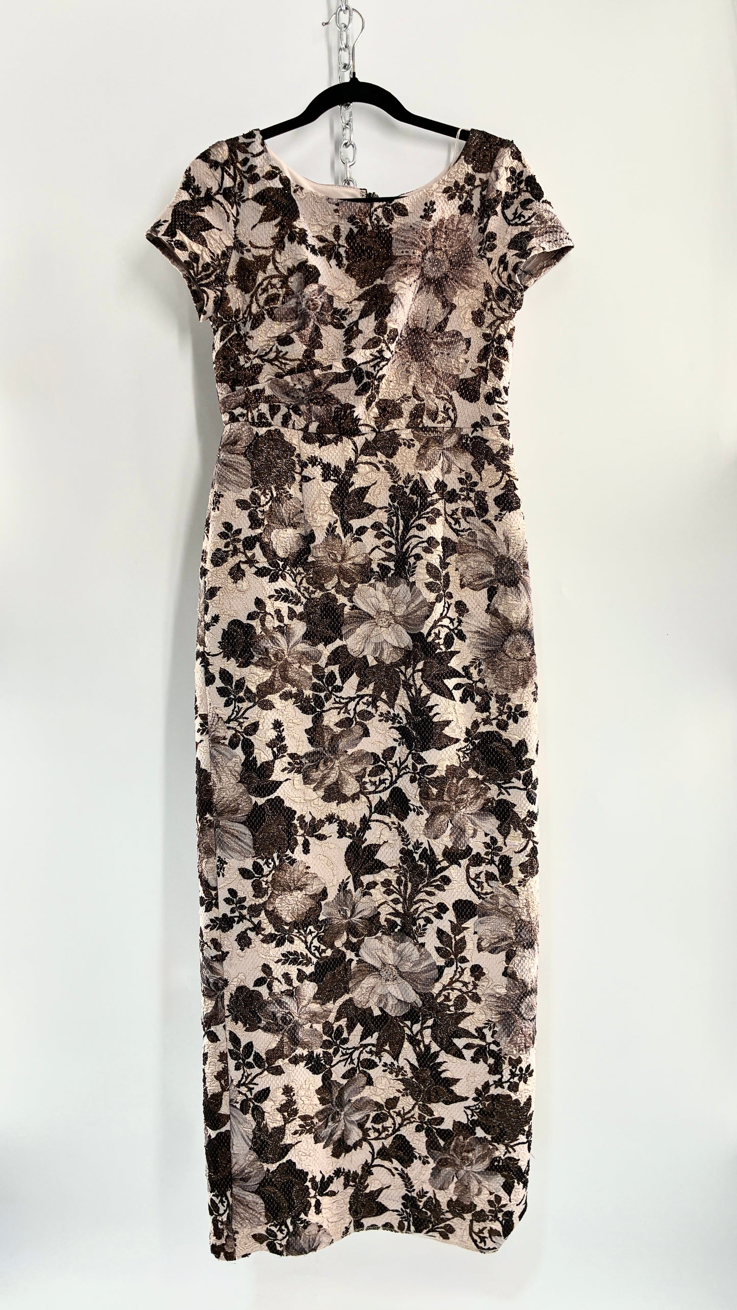 Vintage Adrianna Papell Neutral Floral Dress with Beading and Gold Sheen (6P)