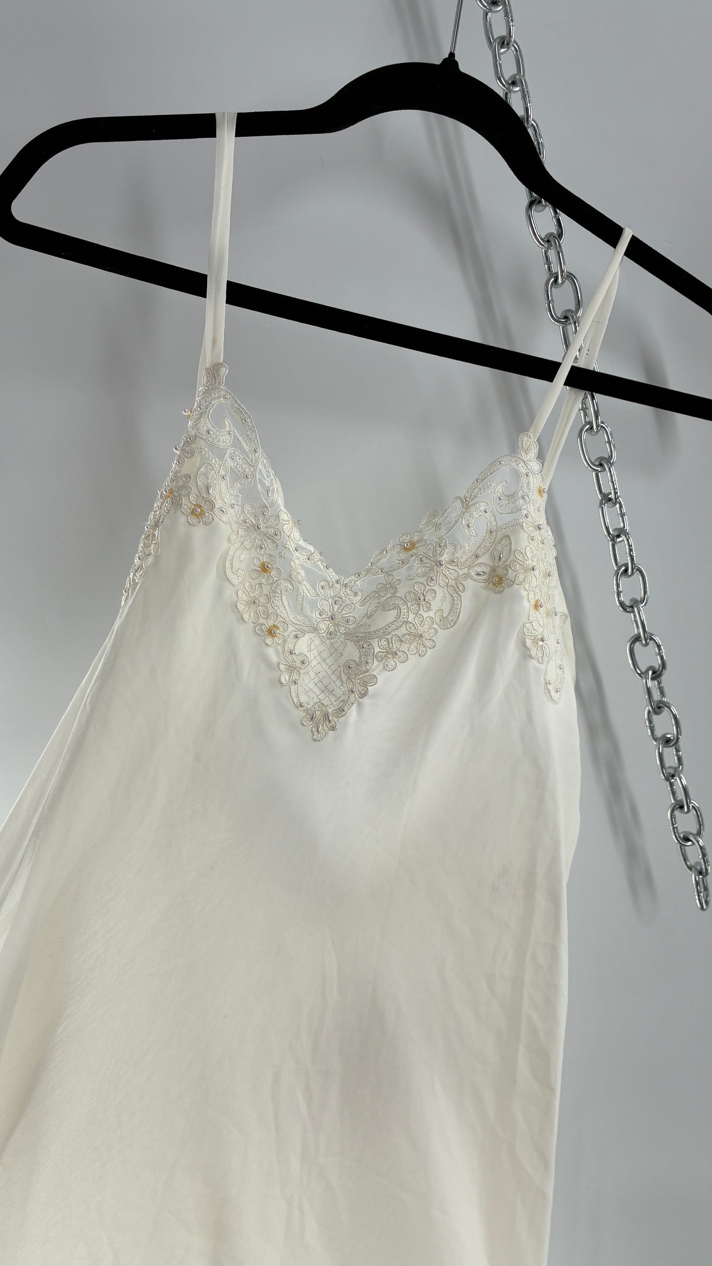 Vintage CALIFORNIA DYNASTY Ivory Maxi Slip Nightgown Dress with Sequin Neckline and Handkerchief Hem (Large)