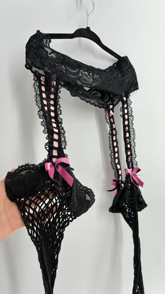 Vintage Black Mesh Garter Tights with Pink Ribbons, Lace, and Bows (One Size)