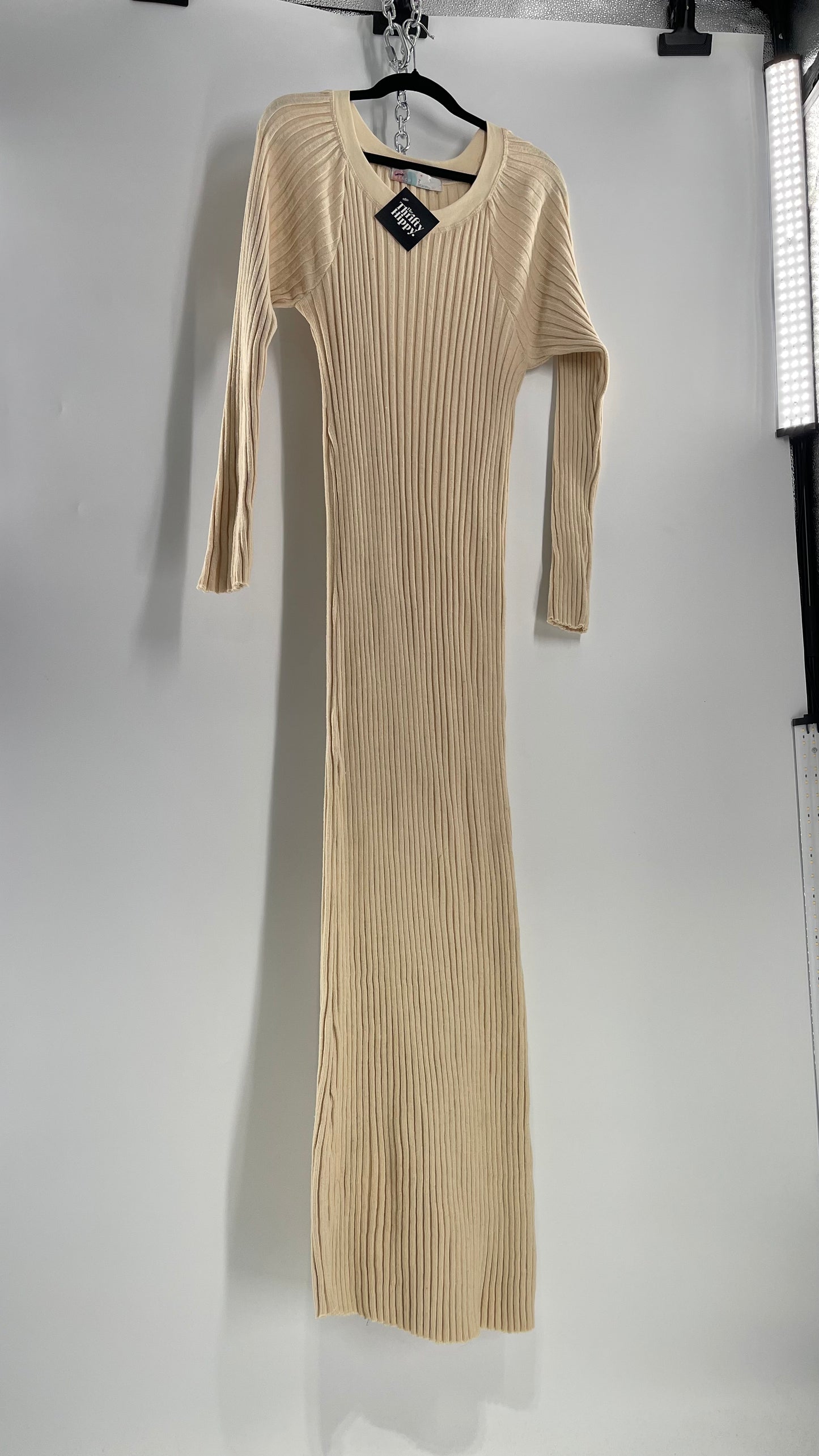 Free People Beige Knit Full Length Cozy Dress (Large)