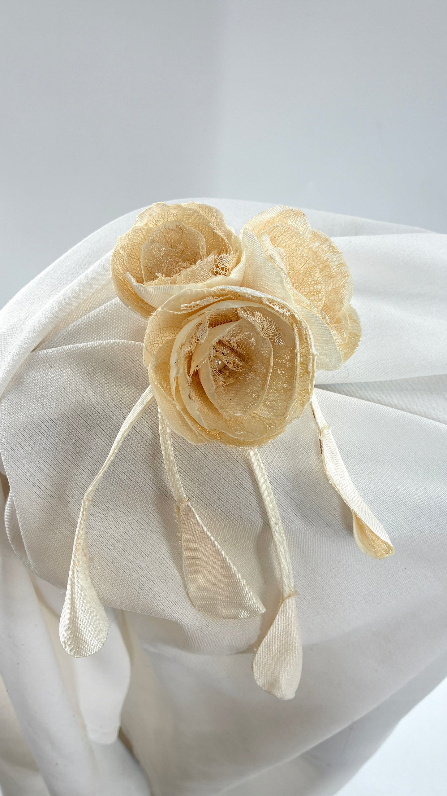 Vintage Brooch Pin: Oversized Rosette Cluster of Handmade Off White Satin and Lace Flowers with Pearl Center