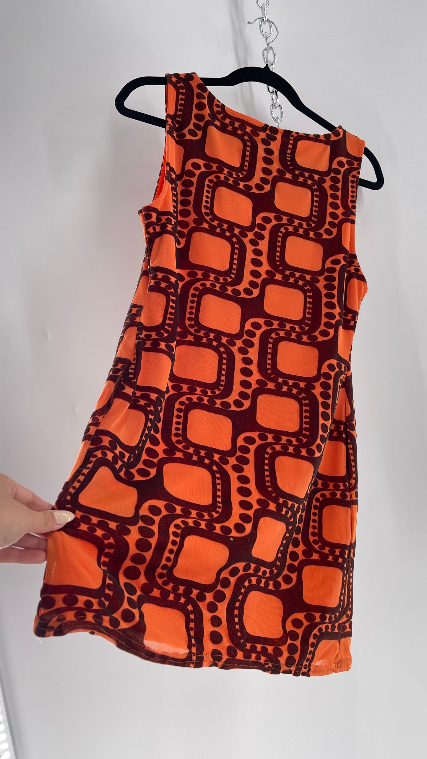 Urban Outfitters Orange Retro Patterned Tunic Dress with Brown Velvet 1970s Print  (Large)